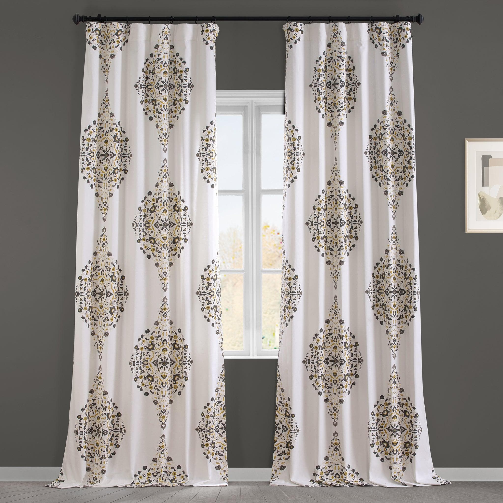 Premium Kerala Gold Emblem Printed Cotton Blackout Curtains - Elegant Room Darkening Window Drapes for Bedroom & Living Room