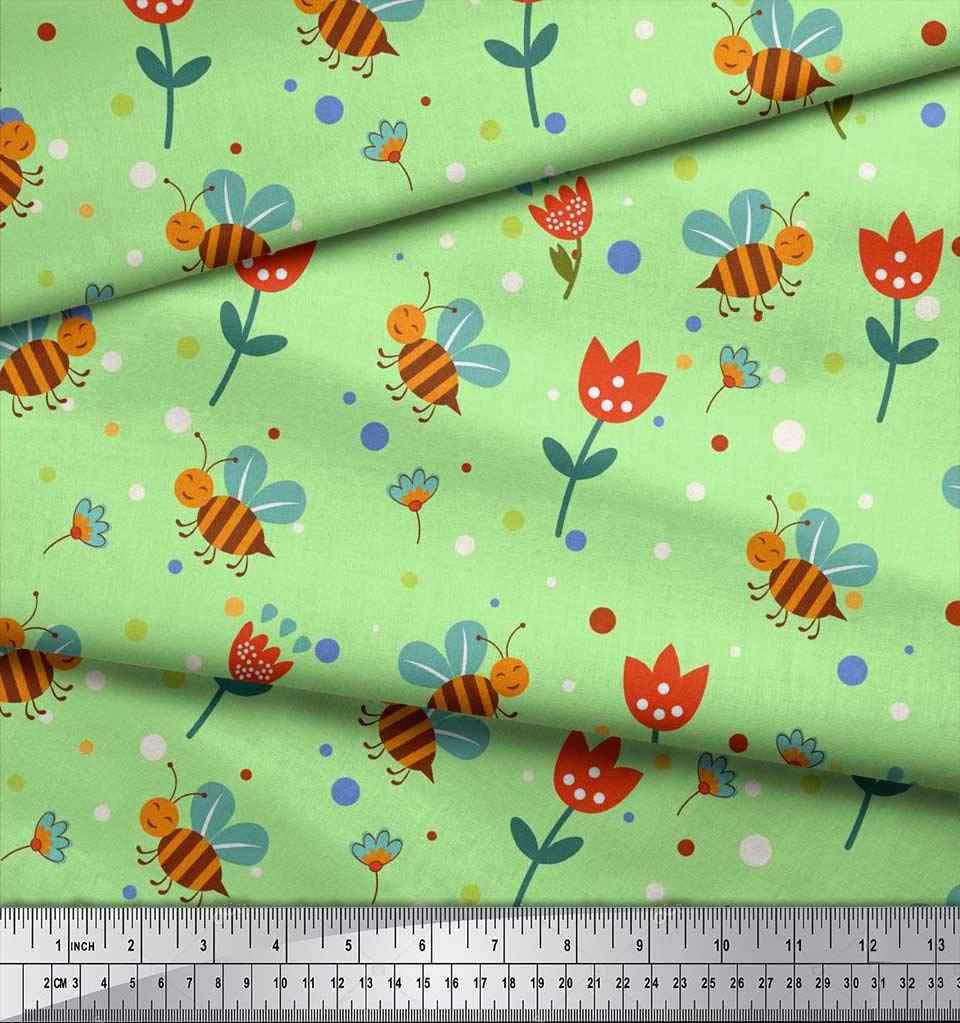 Soimoi Cotton Cambric Fabric - Green Floral Bee Print - 56