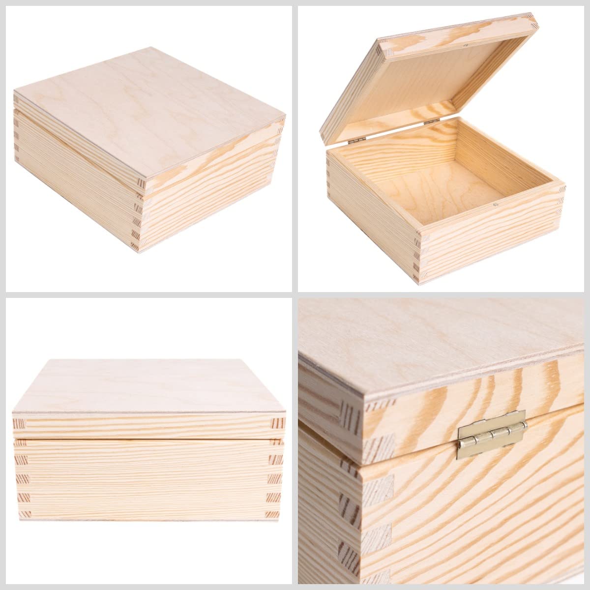 Unfinished Plain Wooden Storage Box with Lid - 6.37 x 6.37 x 2.83 Inches Square Craft Box for Jewelry, Office Supplies & Small Valuables - Perfect for Bedroom Organizer, DIY Projects & Gift Packaging