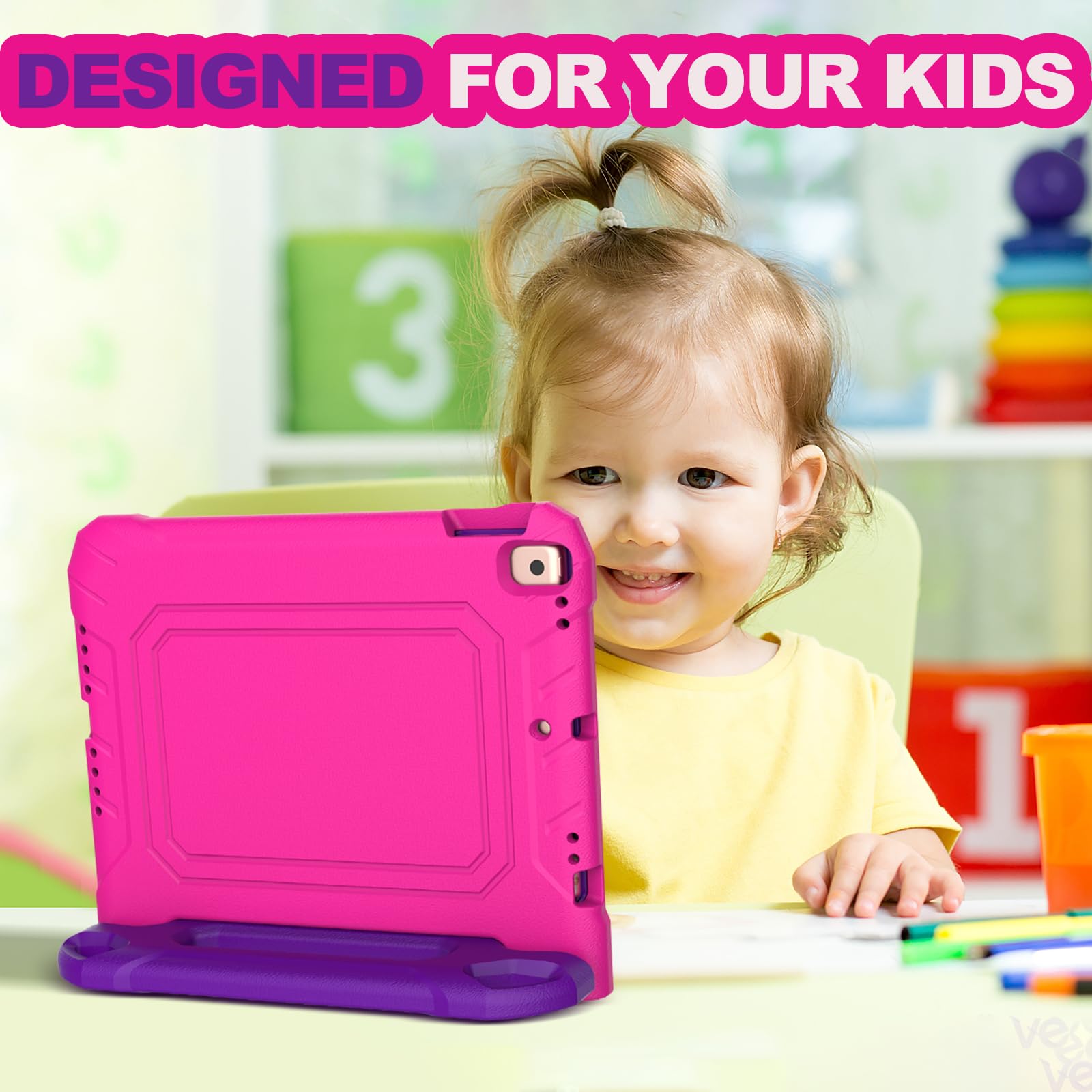YIHE Shockproof Kids iPad Case for iPad 10.2 Inch 9th/8th/7th Gen (2021/2020/2019), iPad Pro 10.5 & iPad Air 3 - Handle Stand Protective Cover with Screen Protector (Pink & Purple) | Perfect for School, Travel & Home Learning