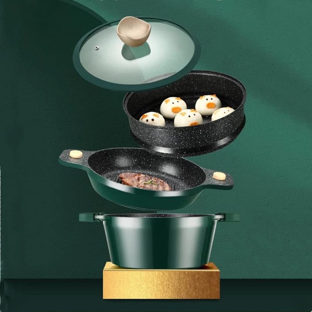 HALOU 24Cm Maifan Stone Wok Set - Aluminum Green Non-Stick Cooking Pan with Lid - Large Soup Pot for Frying, Stir-Frying & Boiling - Durable Kitchen Cookware for Home & Restaurant Use