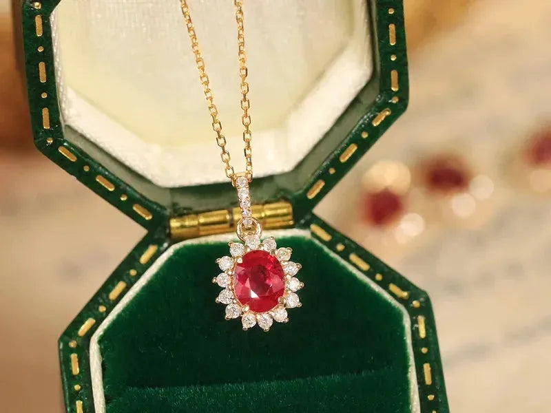 18K Yellow Gold Pendant with Natural Ruby & Diamond Necklace for Women | Elegant Wedding, Engagement & Party Jewelry | Perfect for Anniversary Gifts, Valentine's Day & Special Occasions