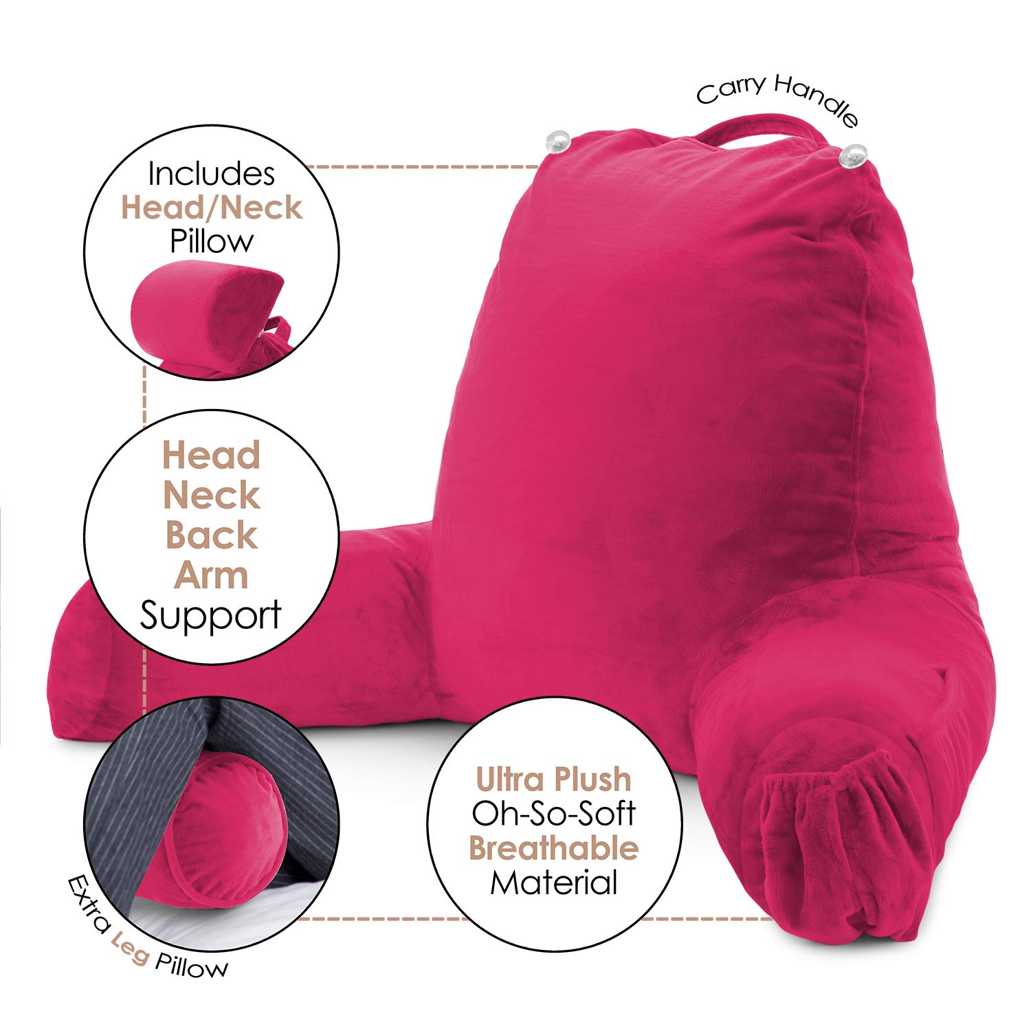Nestl Large Reading Pillow for Bed - Shredded Memory Foam Back Support Pillow with Pockets - Perfect for Reading, Watching TV, or Relaxing in Bed - Hot Pink Bed Chair Arm Pillow for Adults & Kids