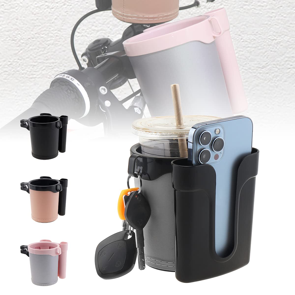 Leather Bike Cup Holder & Water Bottle Holder with Phone/Keys Pocket - Universal Handlebar Mount for Beach Cruiser, Commuter, Road Bikes (Black & Gray) - Perfect for Cycling, Commuting, and Outdoor Adventures