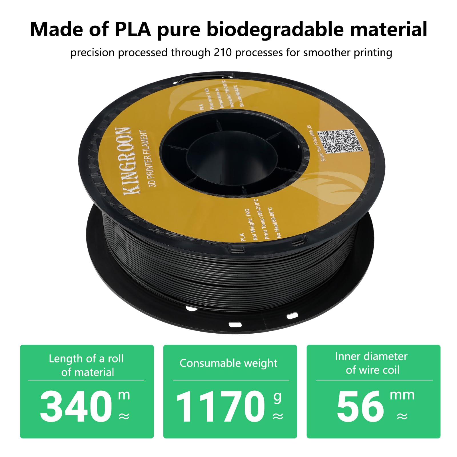 Kingroon Premium Black PLA Filament 1.75mm for 3D Printers - 1KG Spool with +/- 0.03mm Accuracy - High-Quality 3D Printing Material for DIY Projects, Prototyping & Creative Models