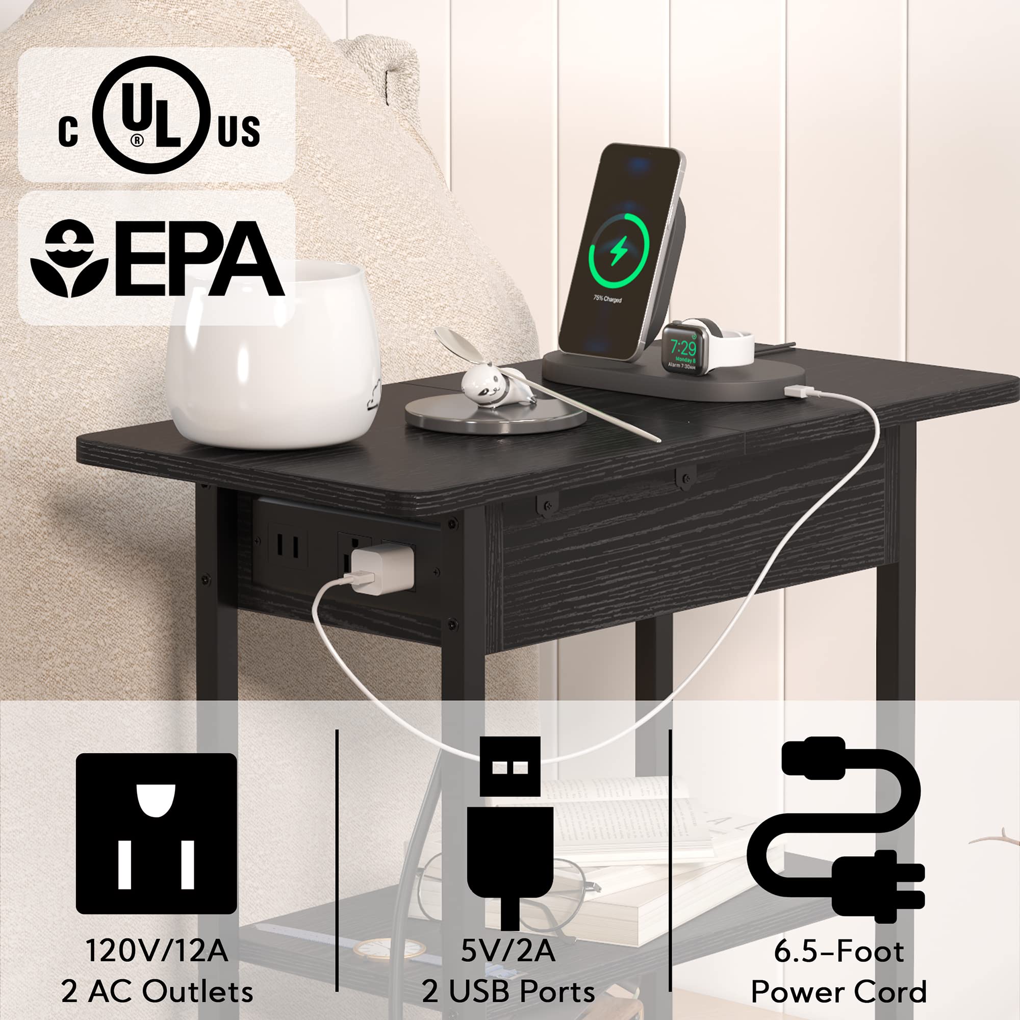 Yusong Narrow End Table with Charging Station - Slim Side Table with USB Port & Outlet, Flip-Top Nightstand with 3 Shelves for Small Spaces - Perfect for Living Room, Bedroom, Office or Dorm - Black