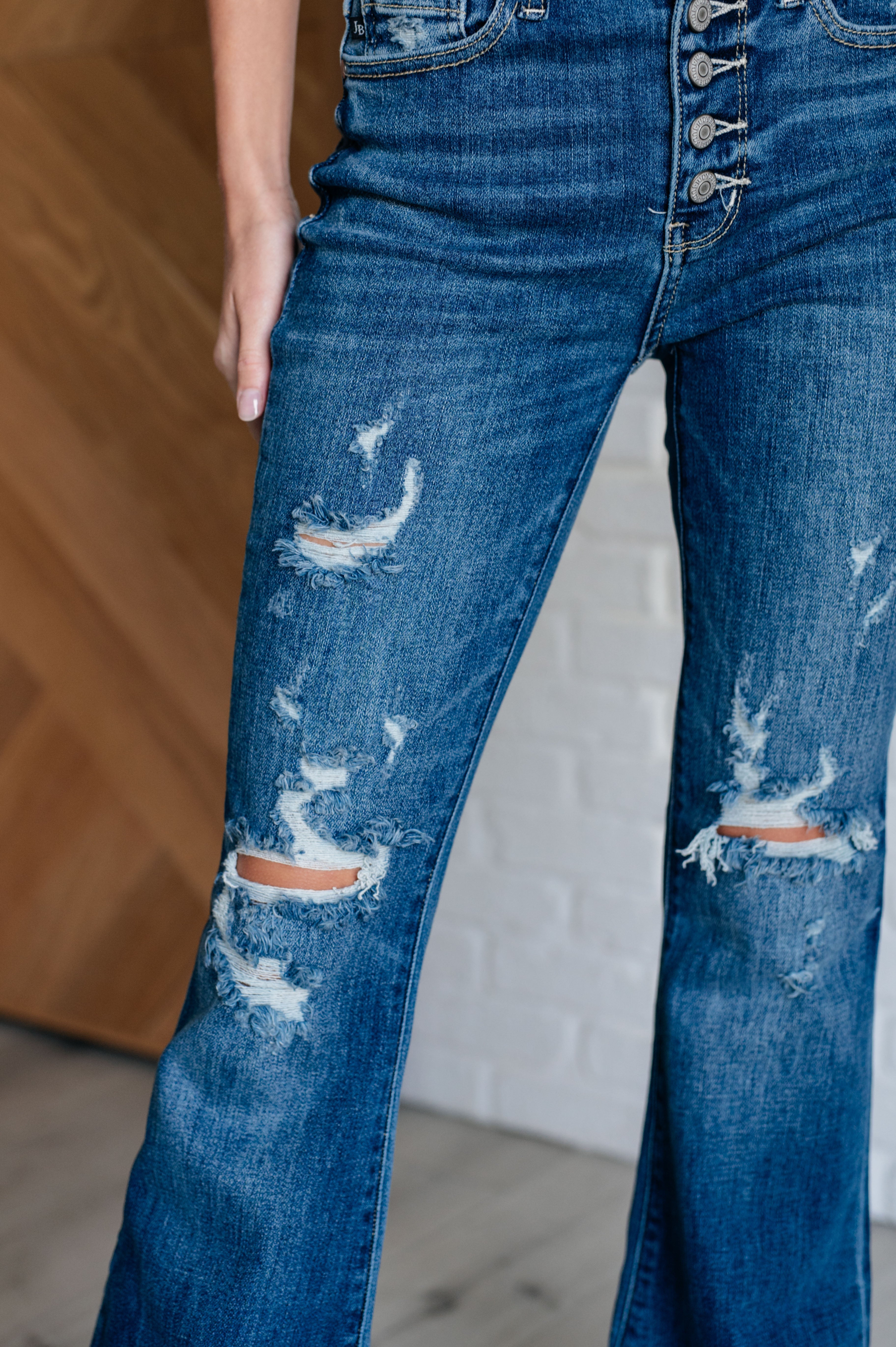 Gabriella Women's Mid Rise Distressed Button Fly Flare Jeans - Vintage Denim Pants for Casual Outfits & Street Style