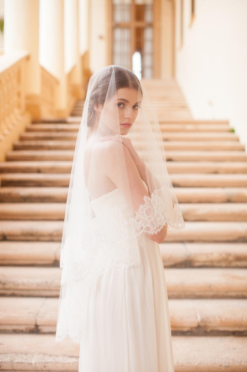 Roseline French Lace Bridal Veil - Ivory or Off White Wedding Veil for Bride | Perfect for Church Ceremony, Outdoor Wedding & Photoshoots