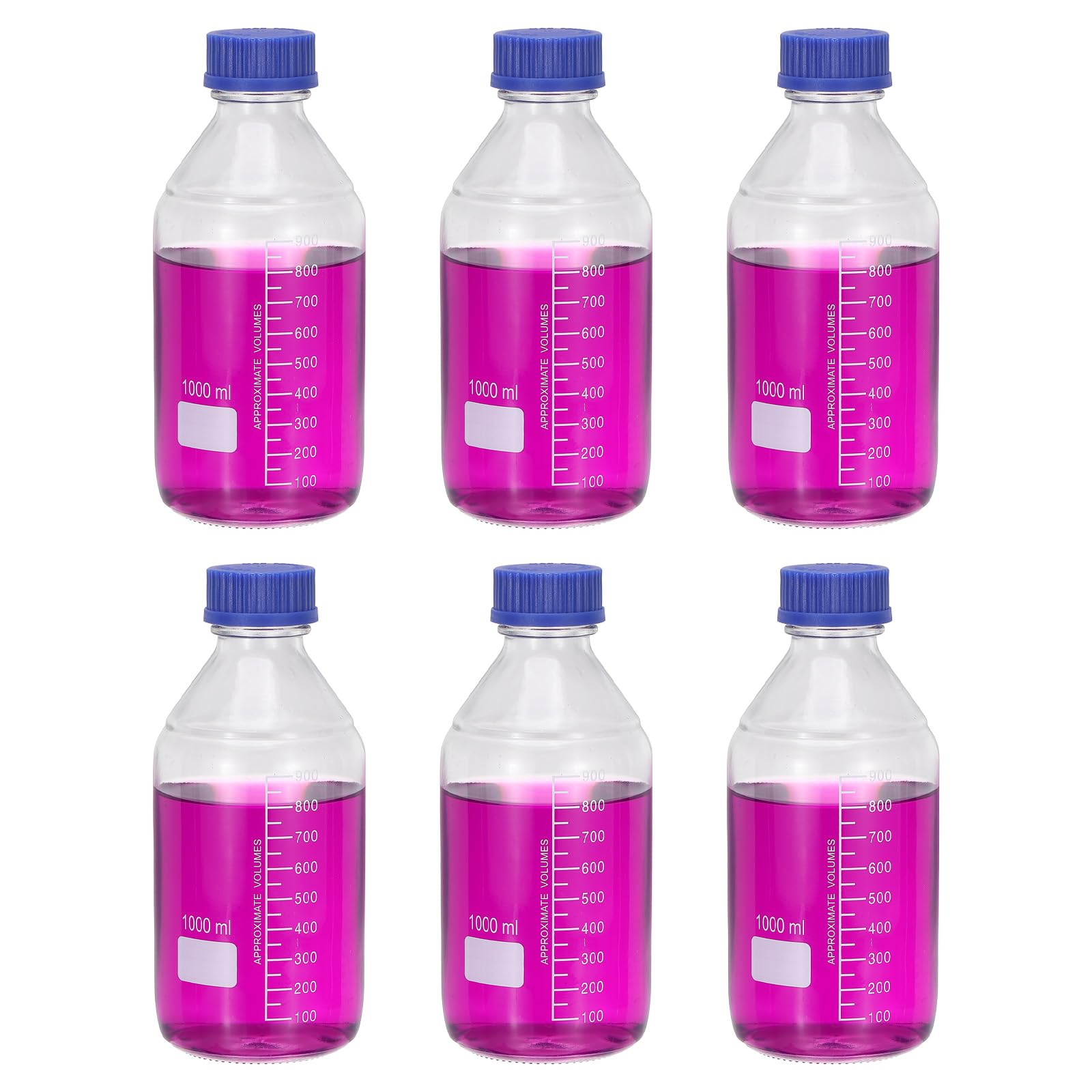 PATIKIL 6 Pack 1000ml Borosilicate Glass Reagent Storage Bottles with GL32 Blue Screw Cap - Lab-Grade Graduated Round Bottles for Water, Chemicals & Liquid Reagents - Perfect for Laboratories, Science Experiments & DIY Projects