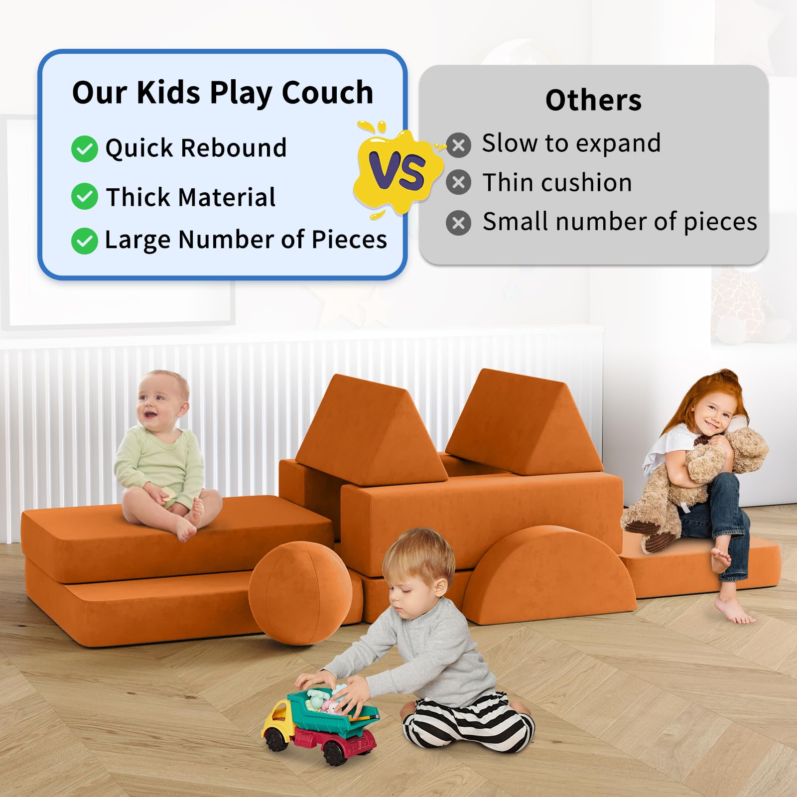 Wanan Kids Couch - 12 Piece Modular Toddler Sofa Set with 2 Balls & Play Tunnel, Light Brown Playroom Furniture for Creative Games, Kickball & Pitching | Perfect for Indoor Play, Birthday Gifts & Daycare Centers