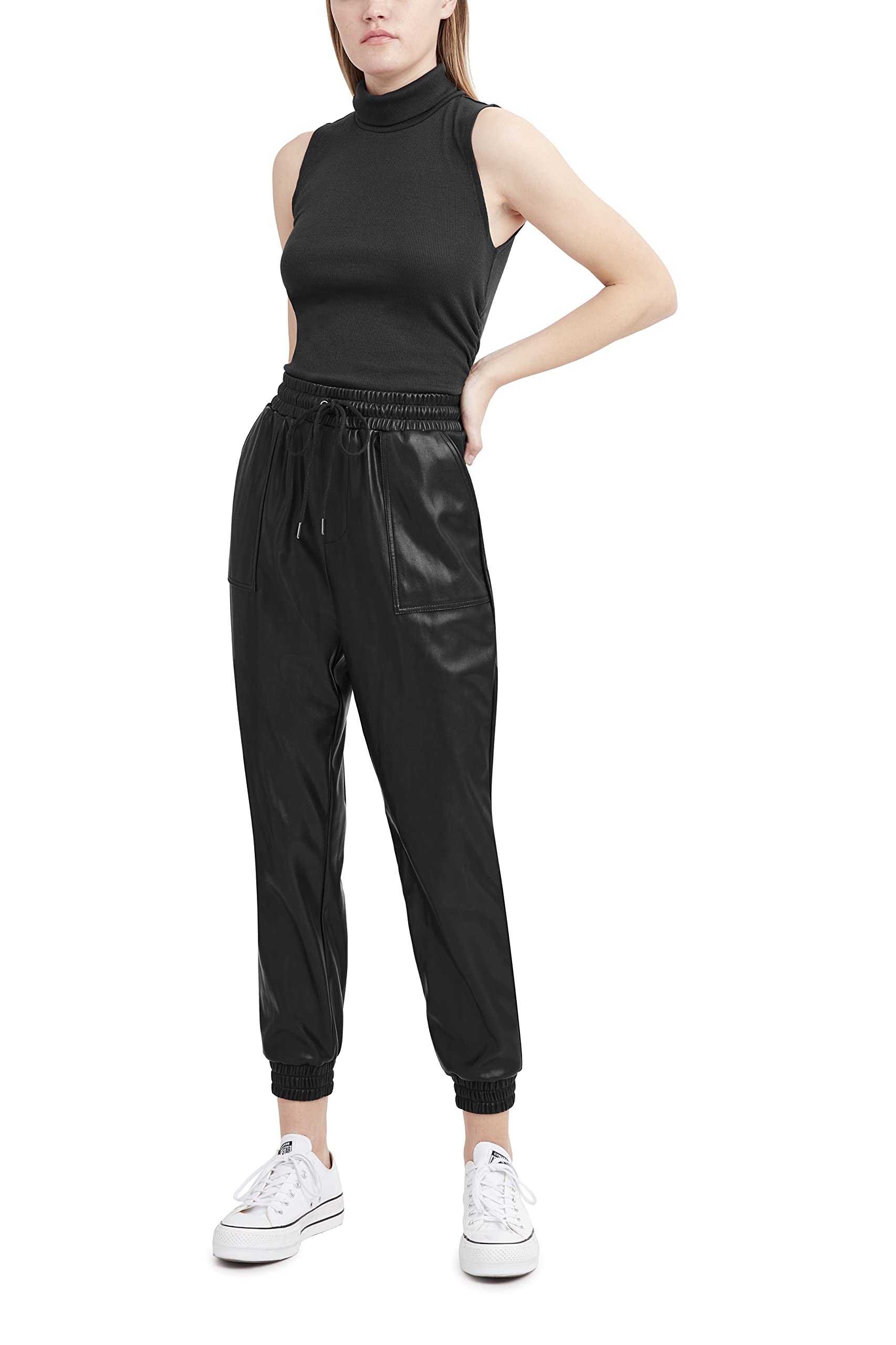 BCBGeneration Women's Faux Leather Joggers with Drawstring Waist - Stylish Comfort Pants for Casual Wear, Running Errands & Lounge Outfits