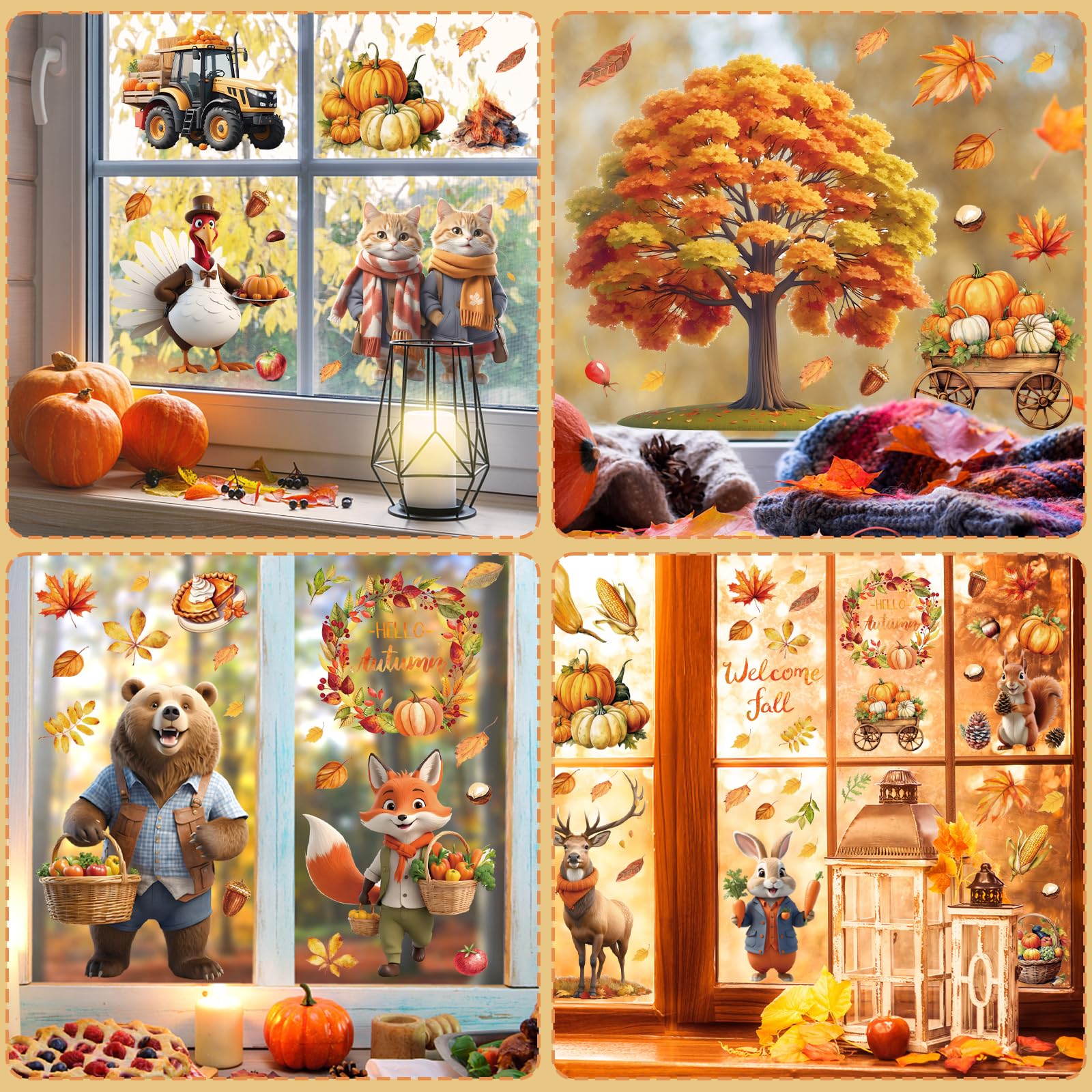 Joyoldelf 88-Piece Autumn Window Stickers Set - Fall Home Decor with 3D Animated Scarecrow, Bear & Rabbit Designs - Thanksgiving Window Clings for Glass Doors & Windows - Perfect for Seasonal Home Decorating & Holiday Parties