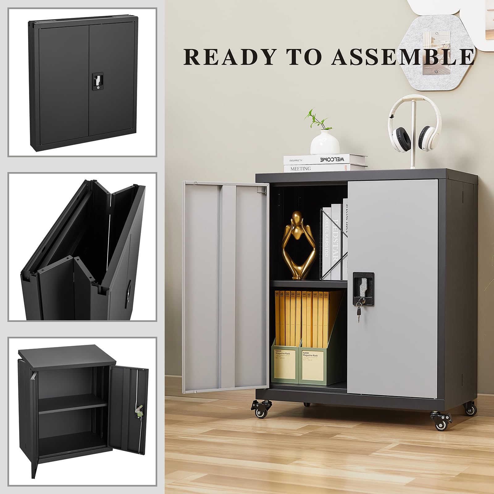 Metal Storage Cabinet with Wheels & Lockable Doors - Adjustable Shelf Steel Garage Cabinet for Office, Home, Classroom - Heavy Duty Black & Grey Storage Organizer for Tools, Supplies & Equipment