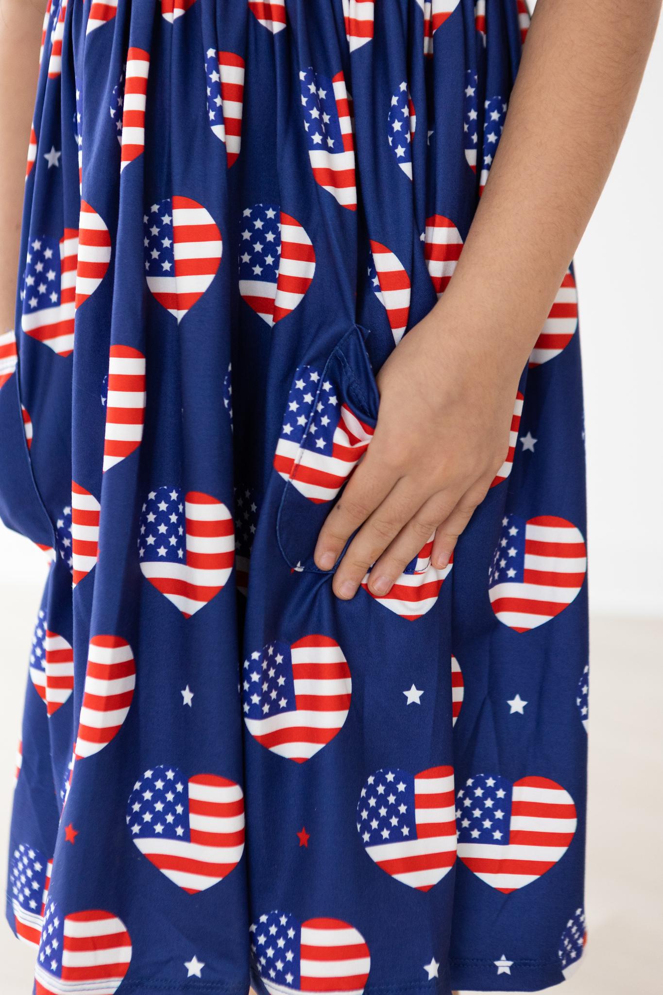 I Heart the USA Short Sleeve Pocket Twirl Dress - Casual Summer Swing Dress for Women, Perfect for Picnics, Parties & Patriotic Events
