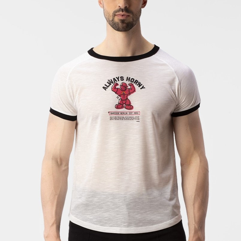 Barcode Berlin Always Horny Pride Bear T-Shirt - White | LGBTQ+ Pride Graphic Tee for Men & Women | Casual Wear, Festivals & Pride Events
