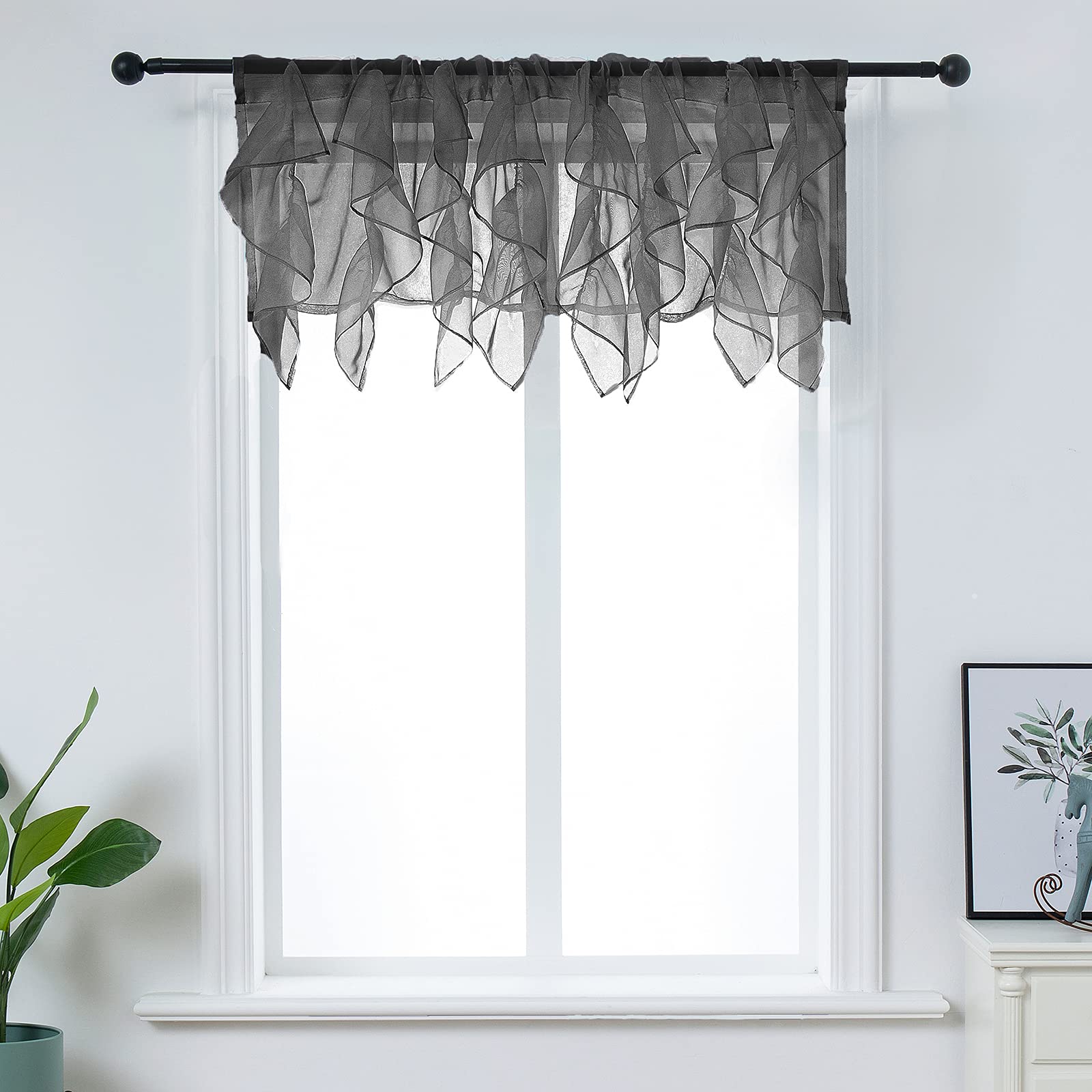 PearAge Ruffled Voile Semi-Sheer Curtain Valance - 50x16 Inches, Black Shabby Chic Window Treatment for Kitchen, Living Room & Girls Bedroom - Elegant Cascade Ruffle Design for Cozy Home Decor