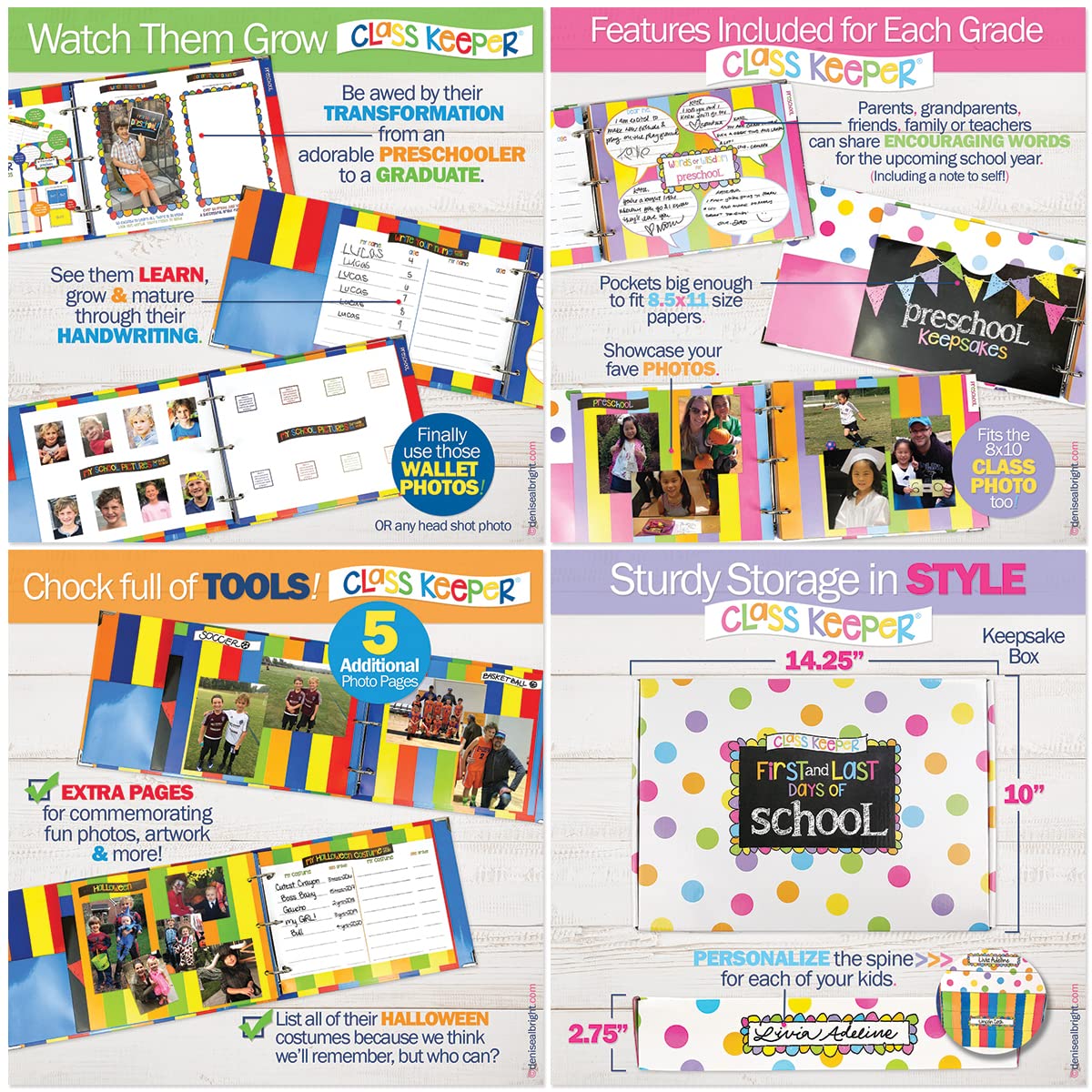 Denise Albright Class Keeper School Memory Book - Set of 8 Pastel Dot Binders for Preserving Kids' School Memories from Preschool to College | Photo Pages & Storage Pockets | Perfect for Scrapbooking, Graduation Gifts, and Family Keepsakes