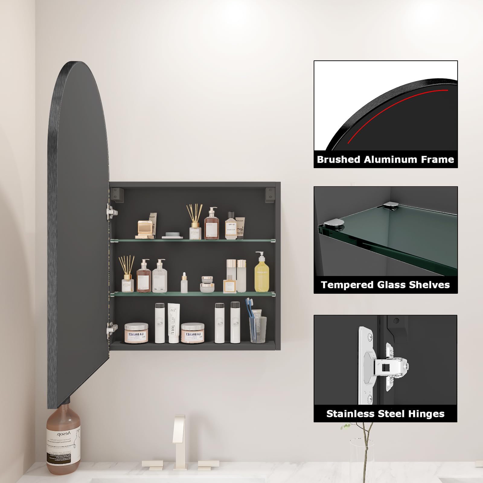 FKWin Arched Medicine Cabinet with Mirror - 20x30 Inch Bathroom Storage Mirror, Aluminum Alloy Vanity Mirror with 3 Adjustable Shelves, Surface Mounted (Not Recessed) Black - Perfect for Small Bathrooms, Powder Rooms & Apartment Living