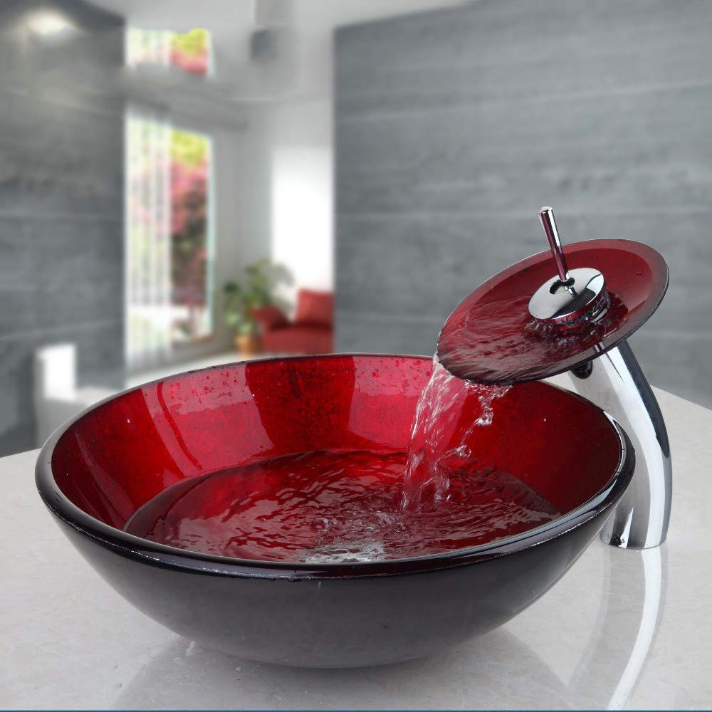 HESIEU Modern Round Bathroom Sink Faucet with Pop-Up Drain - Chrome Waterfall Spout Vanity Combo Set for Glass Basin (Luxury Bathroom Upgrade, Perfect for Powder Rooms & Guest Baths)