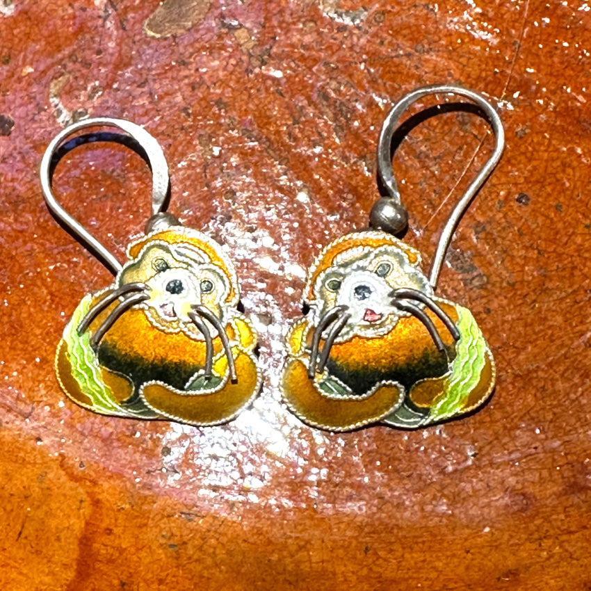 Sterling Silver Guilloche Enamel Sea Otter Stud Earrings - Handmade Dangle Earrings for Women - Perfect Gift for Animal Lovers, Beach Vacation Jewelry