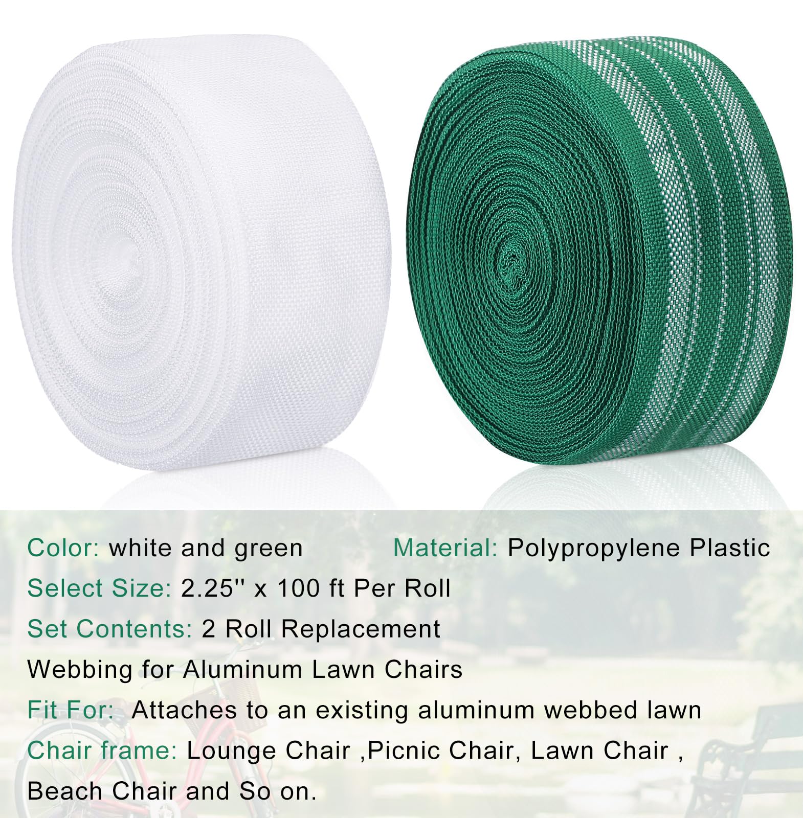 HESTYA 2 Rolls 2 1/4 Inch x 100 Feet Polypropylene Lawn Chair Webbing - Heavy Duty Outdoor Furniture Seat Repair Replacement Straps for Patio Chairs, Folding Chairs & Camping Chairs - Perfect for DIY Home Repair and Outdoor Furniture Restoration