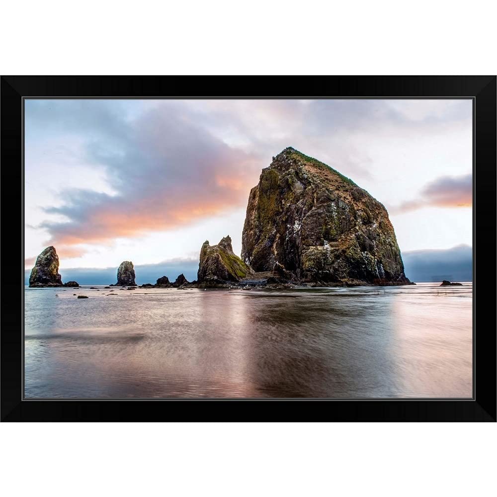 Haystack Rock Cannon Beach Oregon Black Framed Wall Art Print - Coastal Decor for Living Room, Bedroom & Office - Oregon Landscape Artwork