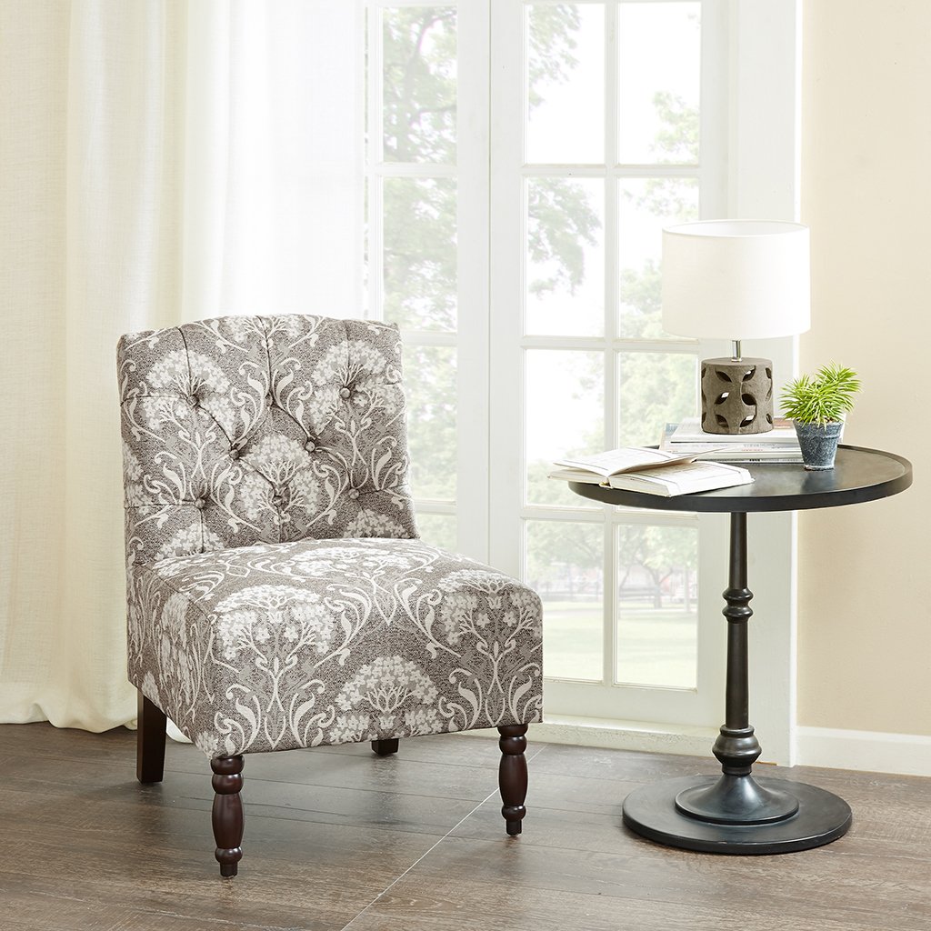 Madison Park Lola Accent Chair - Solid Birch Wood Frame with Tufted Fabric Upholstery in Taupe, Ivory & Damask Pattern - Elegant Armless Living Room & Bedroom Seating for Home Décor - Classic Button-Tufted Design for Sofa Companion or Reading Nook