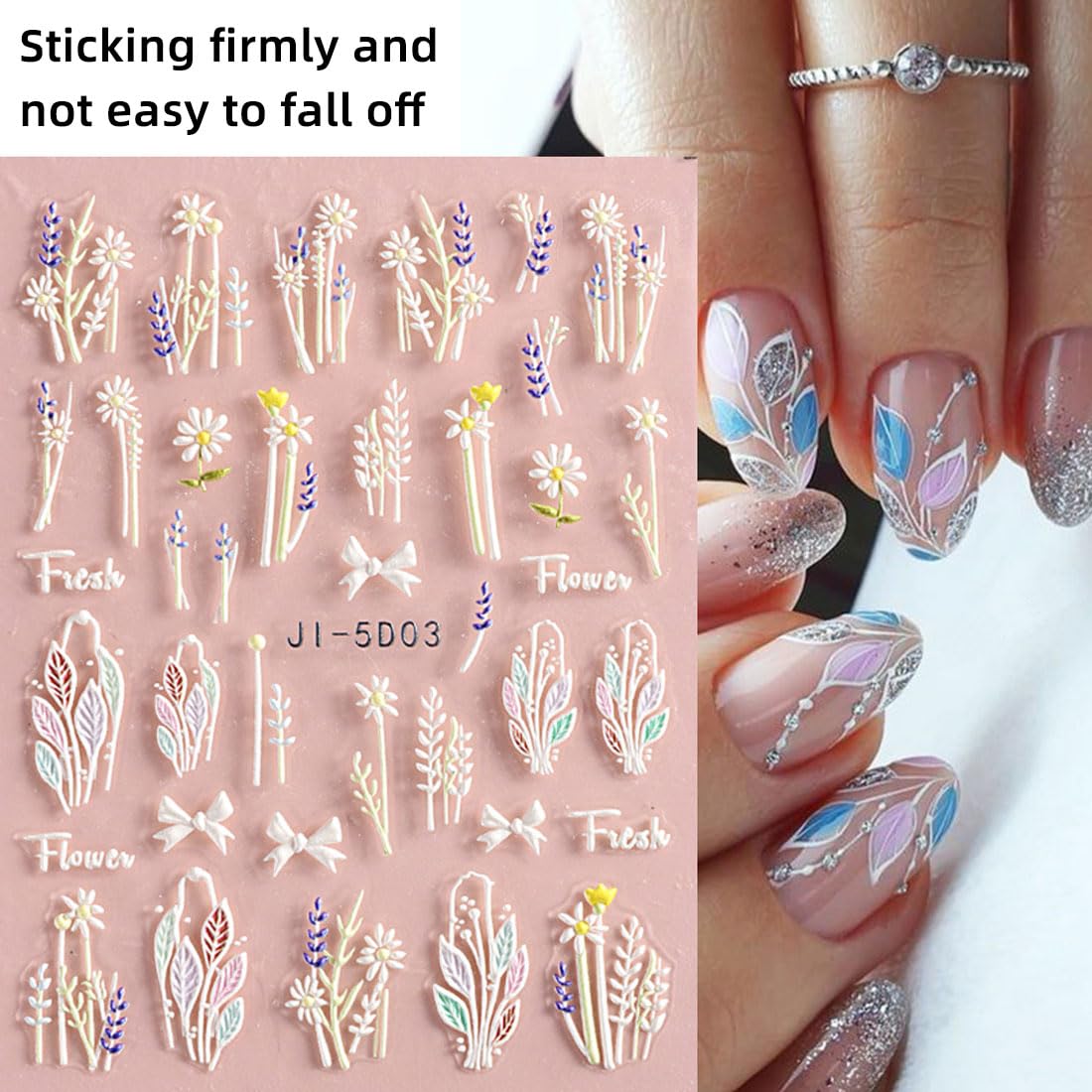 BZKSER Nail Art Stickers - 4 Sheets 3D Flower Nail Decals, Self-Adhesive 5D Nail Design Stickers for Manicure | Perfect for DIY Nail Art, Salon Use, and Special Occasions
