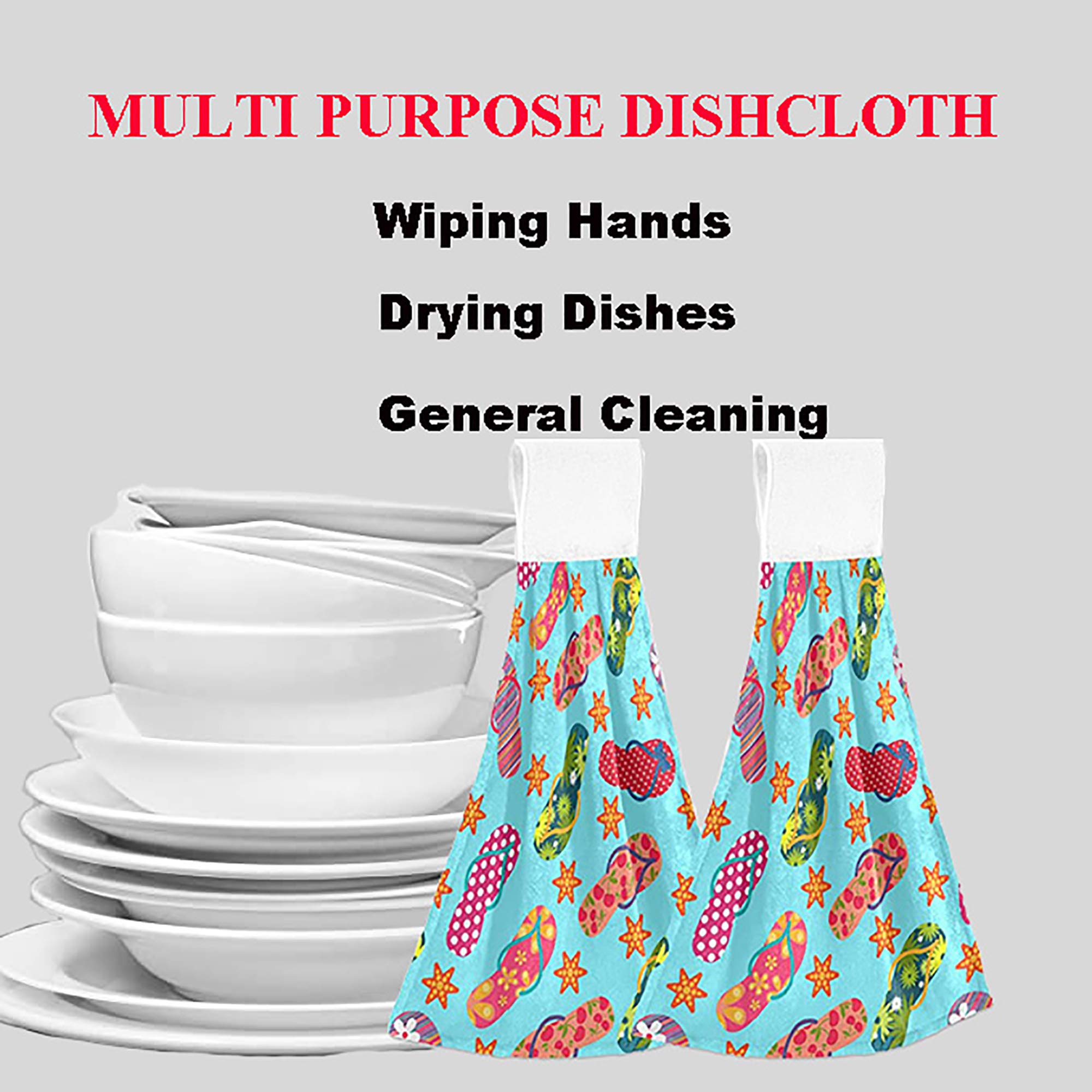 Boccsty Flip Flop Hanging Kitchen Towels Set of 2 - Summer Starfish Pattern Dish Cloths with Ties, Hand Towels for Bathroom, Tea Bar, Farmhouse Decor - Perfect for Housewarming Gifts and Tabletop Decor