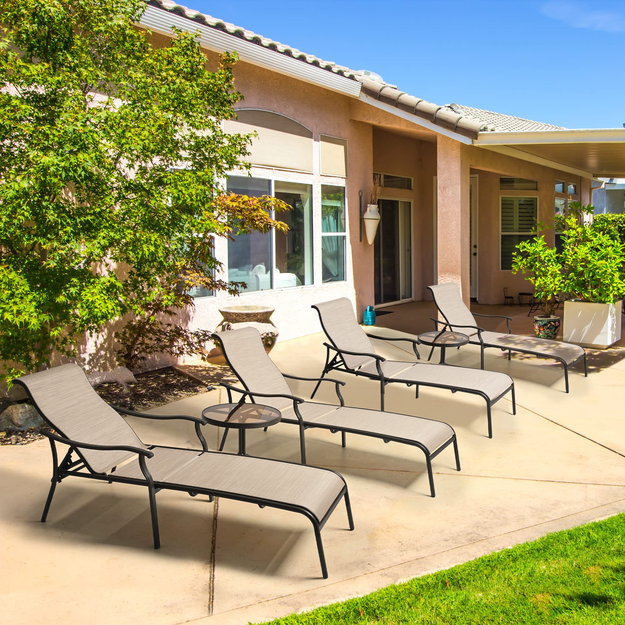 HAPPATIO 6-Piece Patio Chaise Lounge Set with Glass Coffee Table - Breathable Textilene Fabric Pool Lounge Chairs for Outdoor, Garden, Backyard & Poolside Relaxation (Brown)