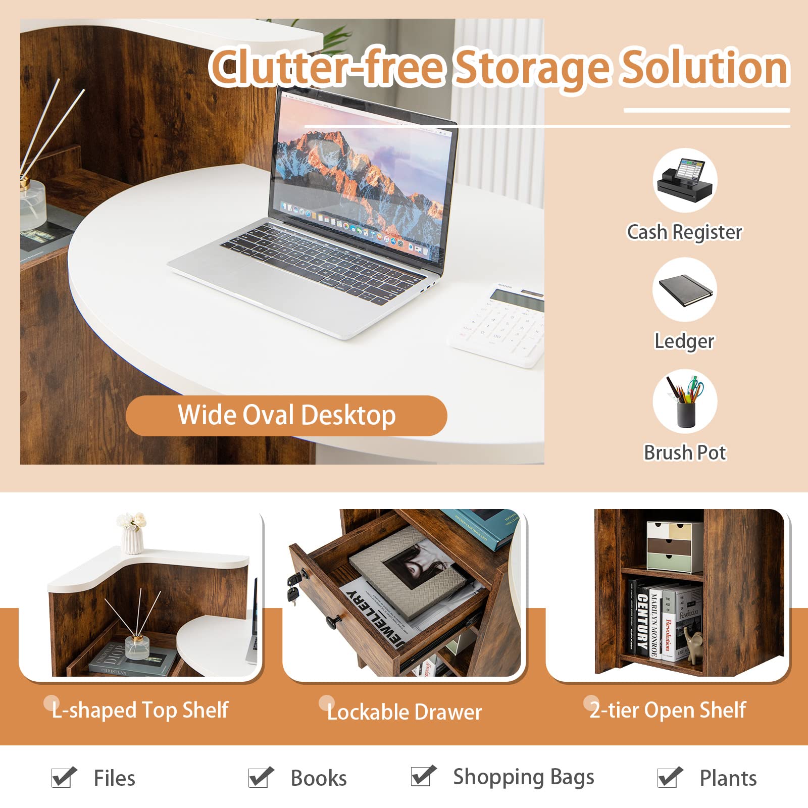 Tangkula Oval Reception Desk with Lockable Drawer & Adjustable Shelf - 60