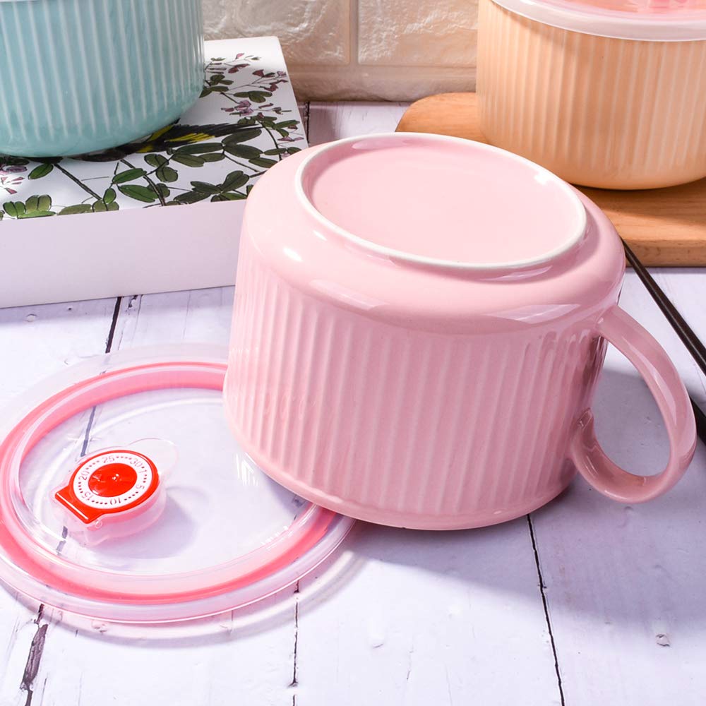 Microwavable Ceramic Soup Bowl with Lid - 30.4oz for Oatmeal & Noodles - Pink Modern Style - Perfect for Office Lunch & Quick Meals