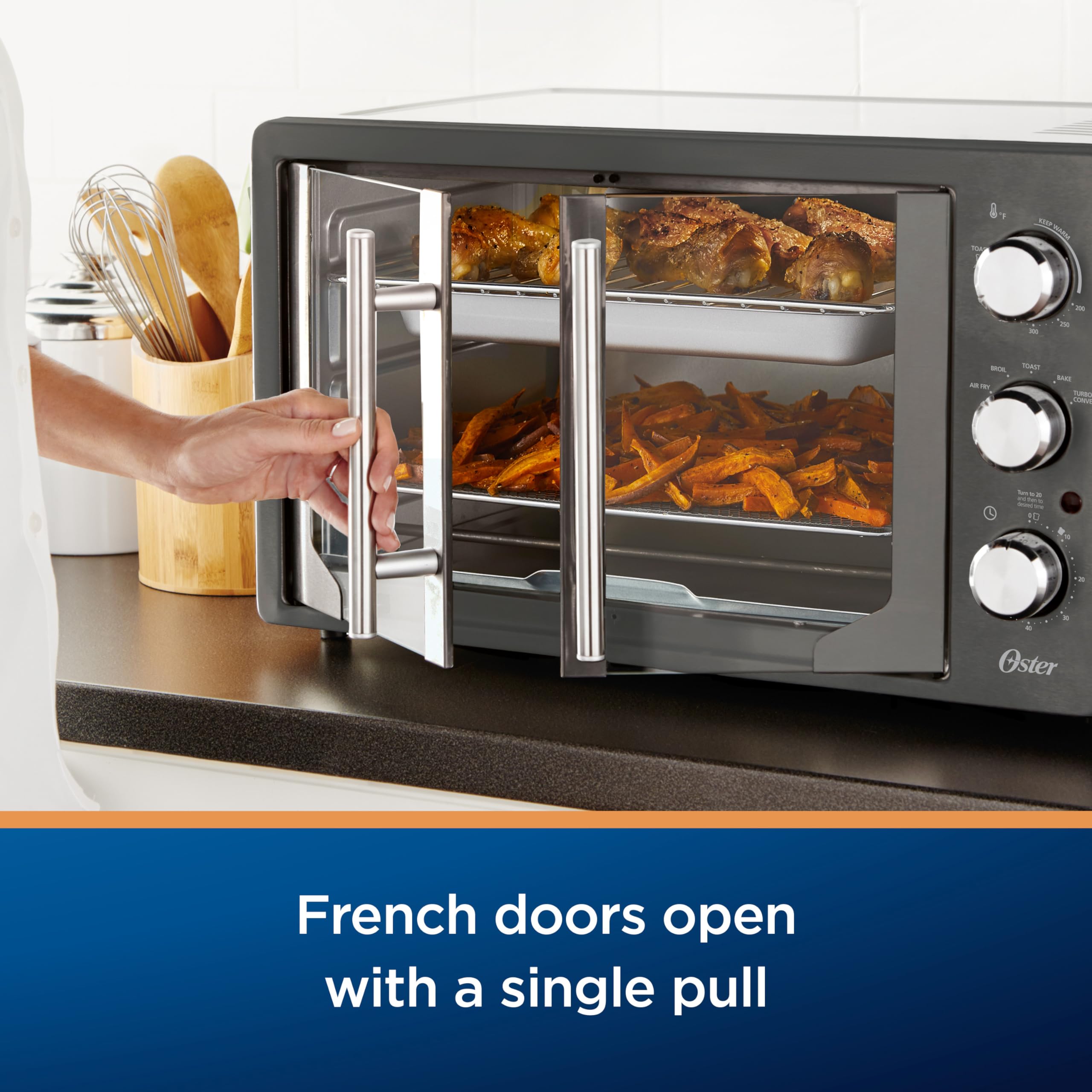 Oster Extra-Large French Door Air Fryer Countertop Oven - 10QT Stainless Steel with 60-Min Timer & 6 Cooking Functions | Energy Efficient Kitchen Appliance for Baking, Roasting, Toasting | Perfect for Small Families & Quick Meals