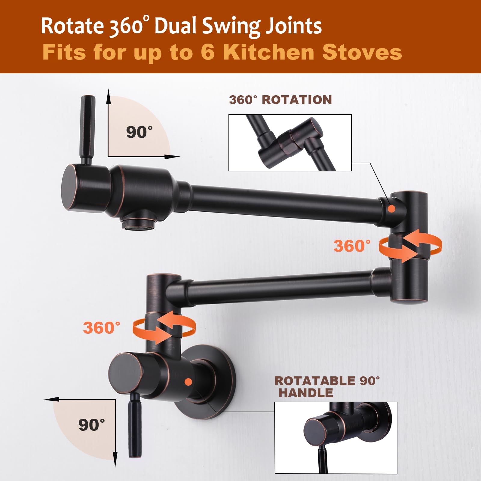 ALEASHA Oil Rubbed Bronze Wall Mount Pot Filler Faucet - Solid Brass Heavy Duty Kitchen Faucet with Dual Swing Arms & 2 Handles - Perfect for Stove, Cooking, and Large Pots (Commercial & Home Use)