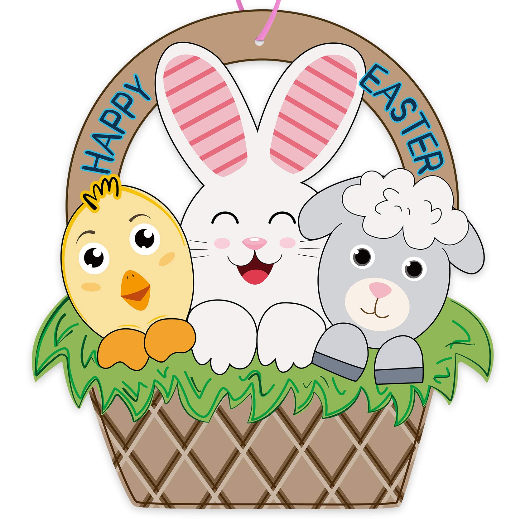 Funnlot Wooden Easter Wreath - Bunny, Sheep & Chick Spring Door Hanger for Holiday Decor - Perfect for Front Door, Outdoor & Indoor Easter Decorations