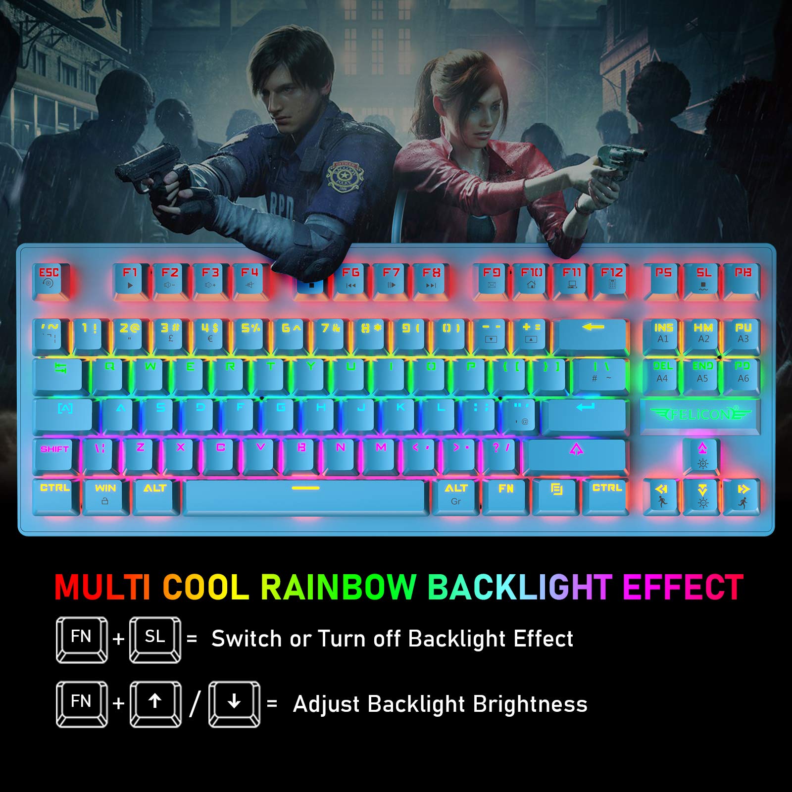 K2 UK Layout Gaming Keyboard and Mouse Set - 80% TKL Wired Mechanical Keyboard with 88 Keys, Clicky Optical Blue Switches, Rainbow Backlit, Lightweight PS4 Gaming Mouse & Mouse Pad for PC/MAC (Blue) - Perfect for Esports, Streaming & Office Work