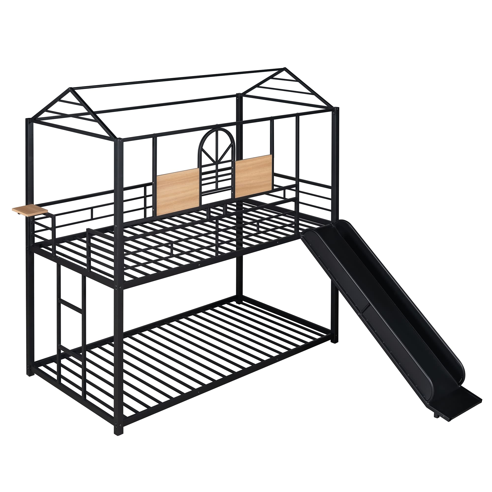 Harper & Bright Designs Twin Over Twin Bunk Bed with Slide - Kids House Bunk Bed with Roof & Safety Guardrails - Sturdy Metal Bunk Bed for Children, Teens, Boys & Girls (Black) - Perfect for Bedrooms, Playrooms & Sleepovers