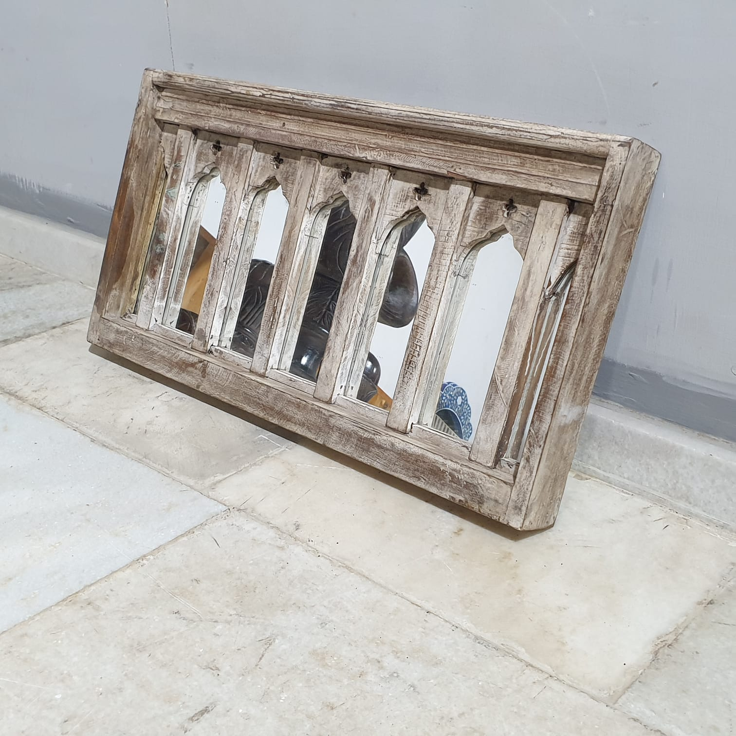Hand Carved Antique Indian Solid Wood Mirror Frame - Natural Wooden Wall Decor - 27.5