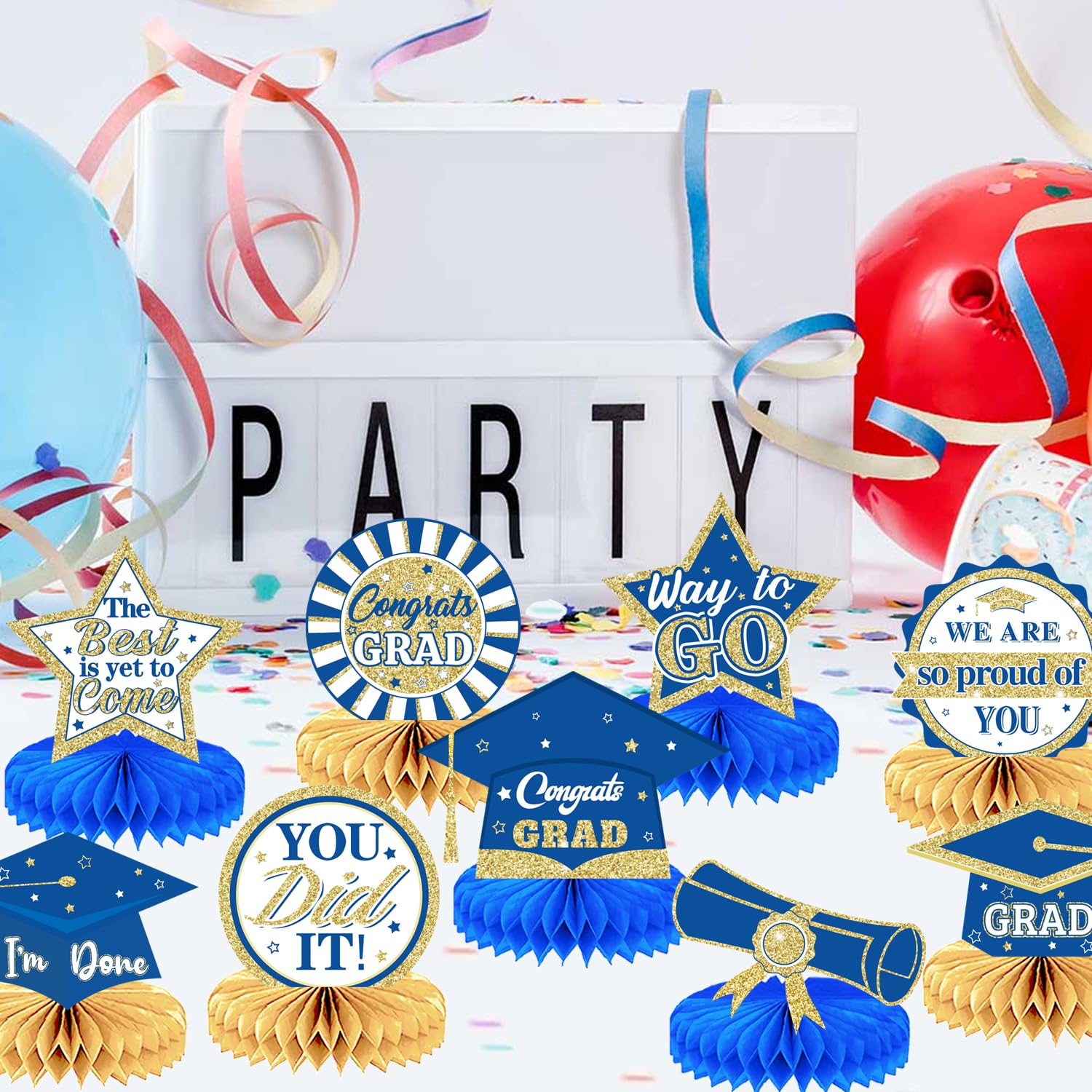 2025 Graduation Party Decorations - 9-Piece Blue & Gold Honeycomb Centerpieces for Graduation Ceremony, Congrats Grad Decor - Perfect for Graduation Party, School Events & Home Celebration