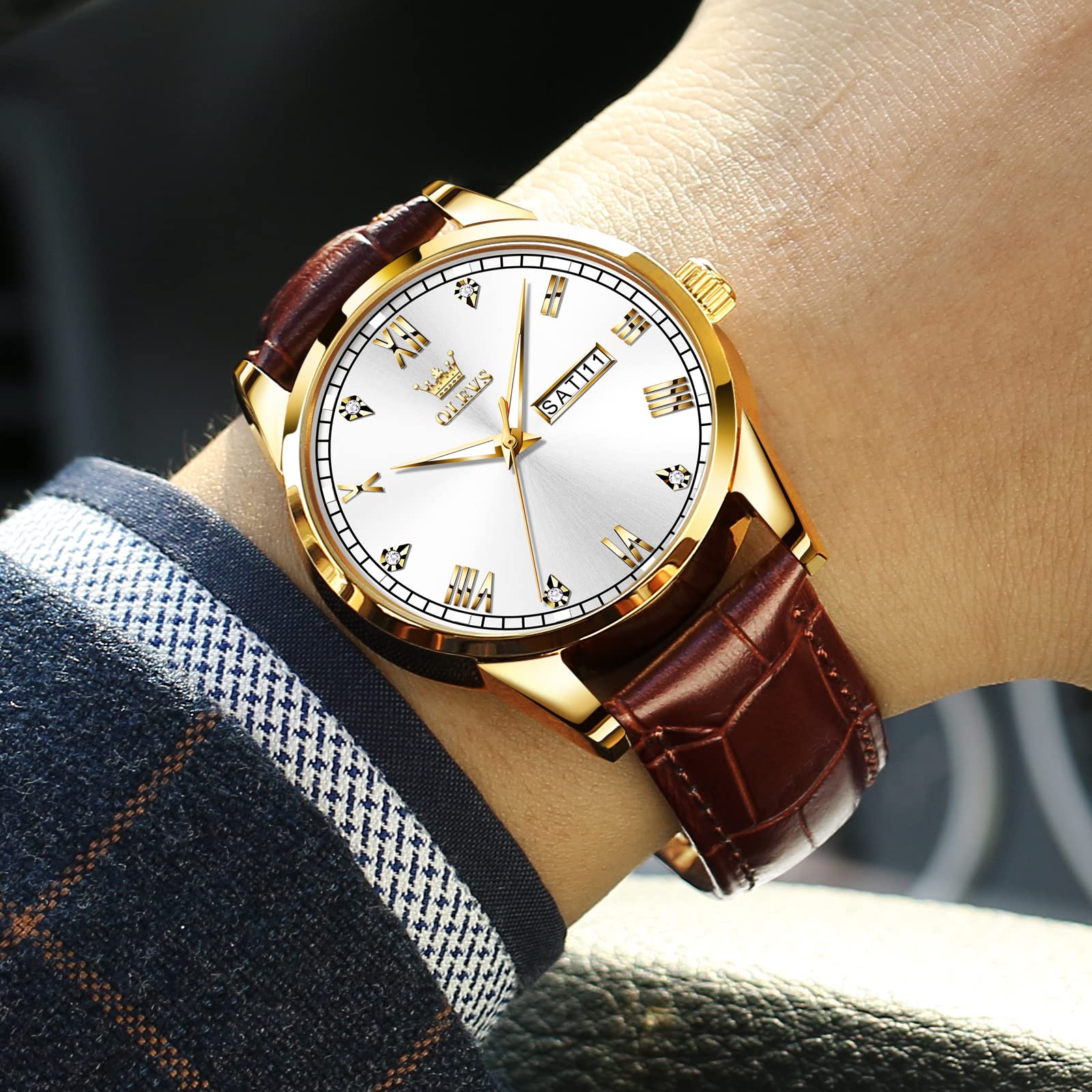 OLEVS Men's Brown Leather Watch - Rose Gold Quartz, Waterproof for Daily Wear & Dress Occasions