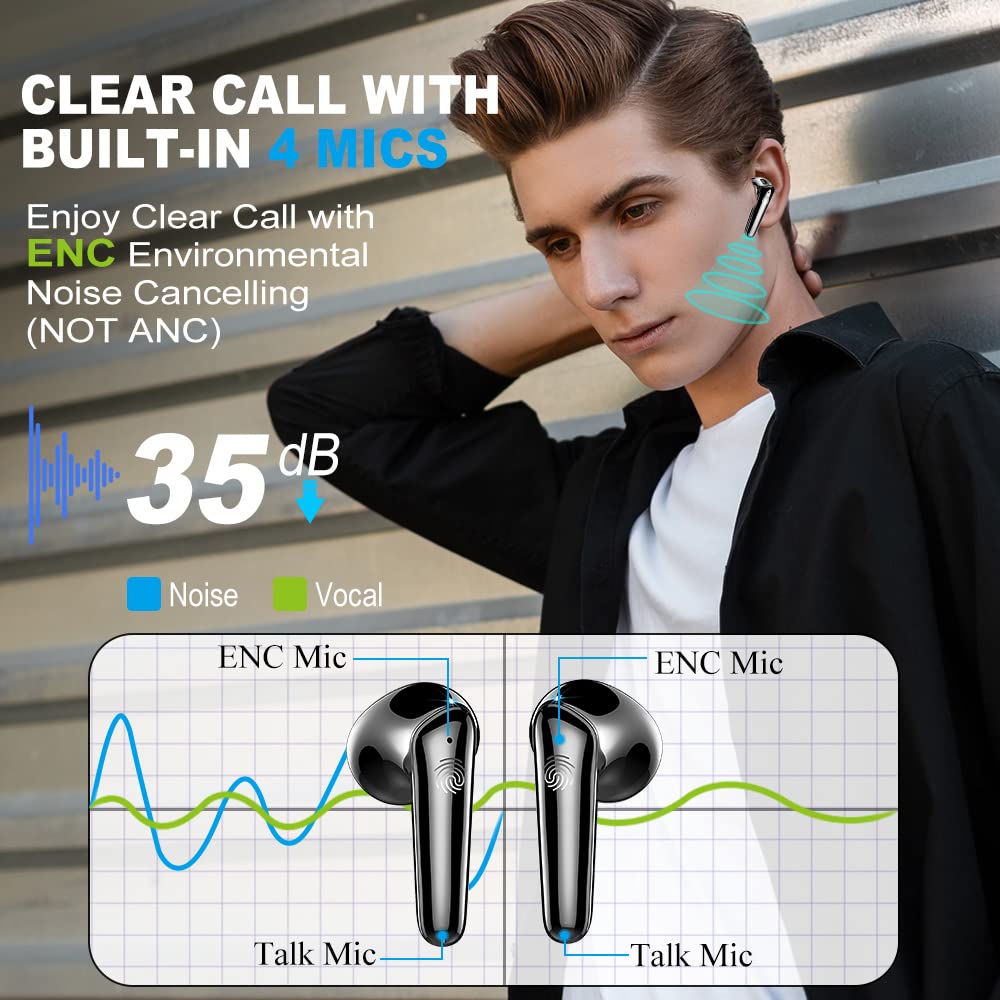 2023 Wireless Earbuds Bluetooth 5.3 with 4 Mics ENC Noise Cancelling, 40H Playtime HiFi Stereo Deep Bass IP7 Waterproof USB-C In-Ear Headphones - Perfect for Gym, Running, Travel & Work Calls