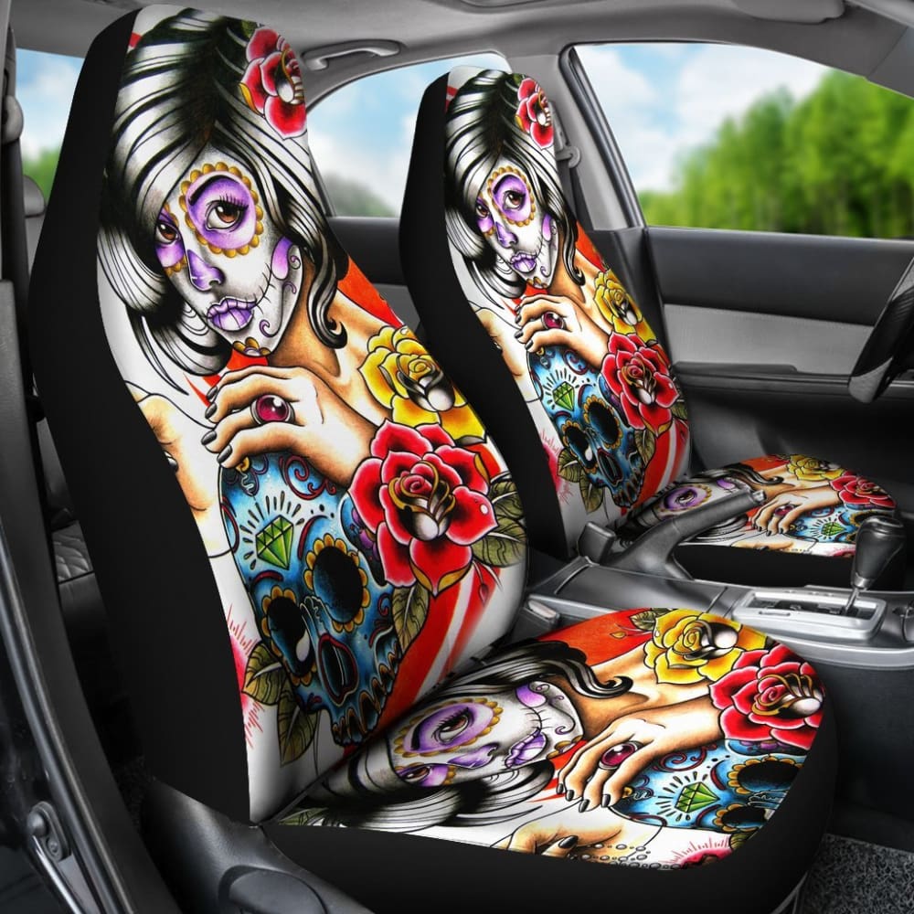 2 Pcs Day of The Dead Sugar Skull Girl Car Seat Covers - Mexican Folk Art Design, Universal Fit for Most Vehicles - Perfect for Halloween, Dia de Los Muertos & Car Decorations