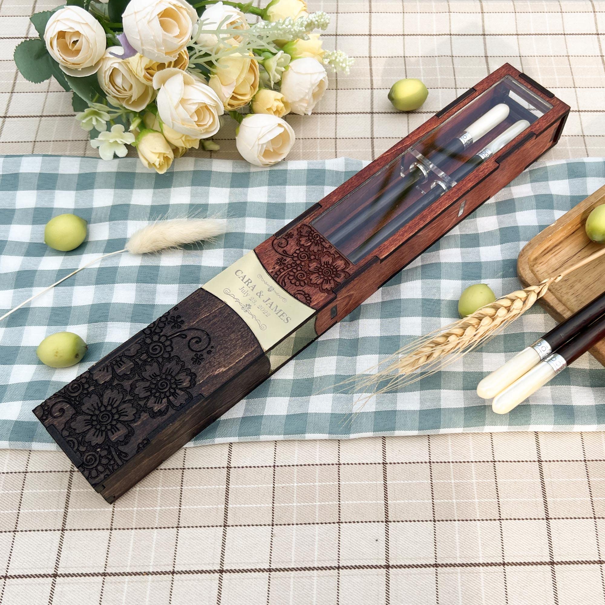Personalized Premium Engraved Chopsticks Set for Couples - Custom Name Wedding Gift - Luxury Chopsticks with Gift Box - Perfect for Anniversaries, Bridal Showers & Newlywed Gifts (2 Pairs)
