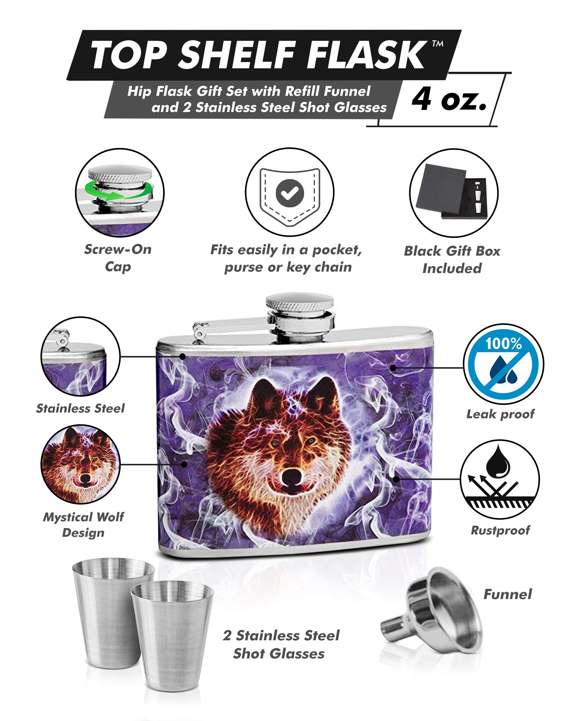 Premium Stainless Steel Hip Flask Gift Set with Wolf Design - 4 oz Flask, Refill Funnel & 2 Shot Glasses - Perfect for Outdoor Adventures, Camping, Hunting & Gifts - Elegant Gift Box Included