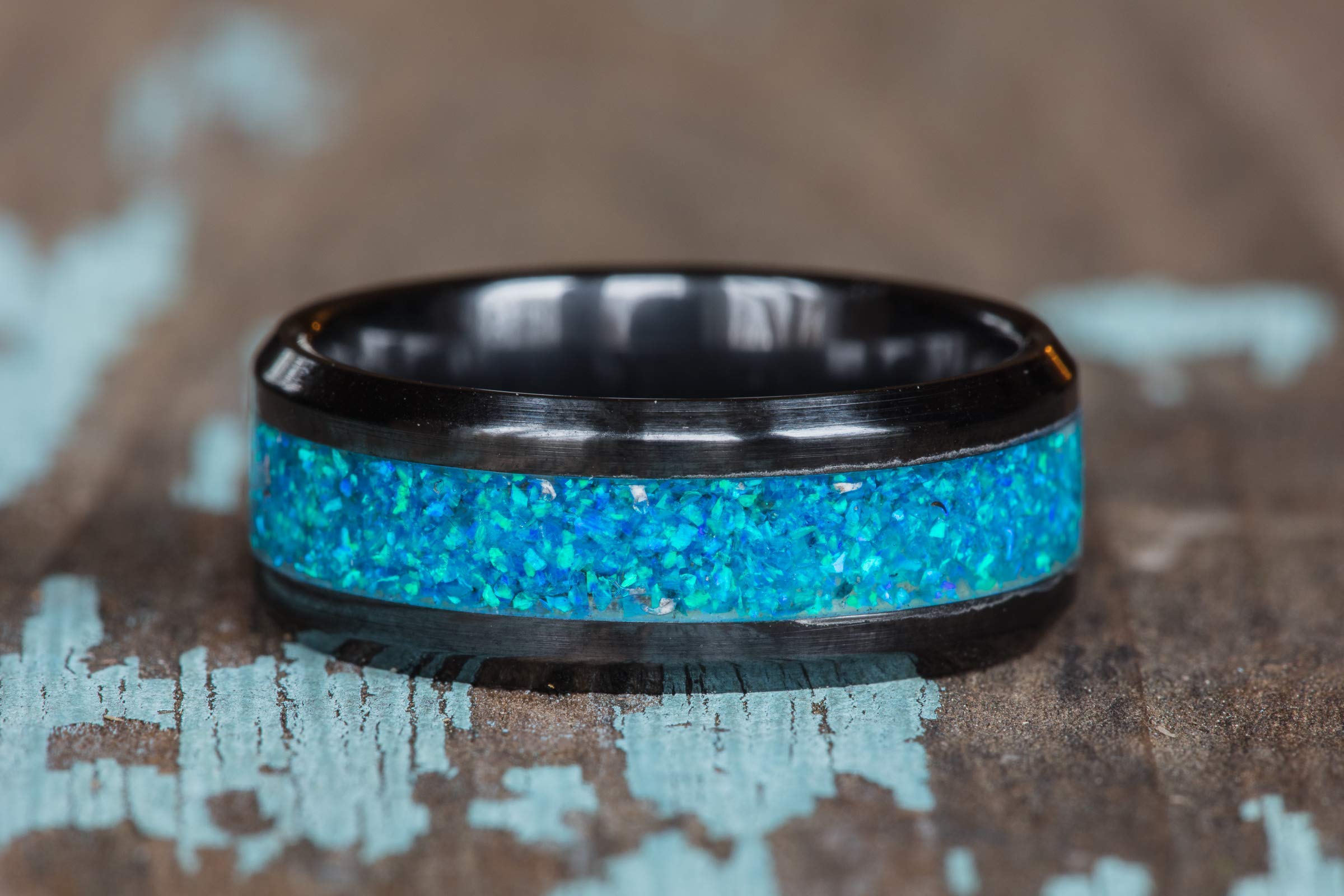 Blue Opal Black Ceramic 8mm Ring for Women | Dainty Stackable Minimalist Jewelry | Gift for Her, Wedding, Anniversary, Everyday Wear