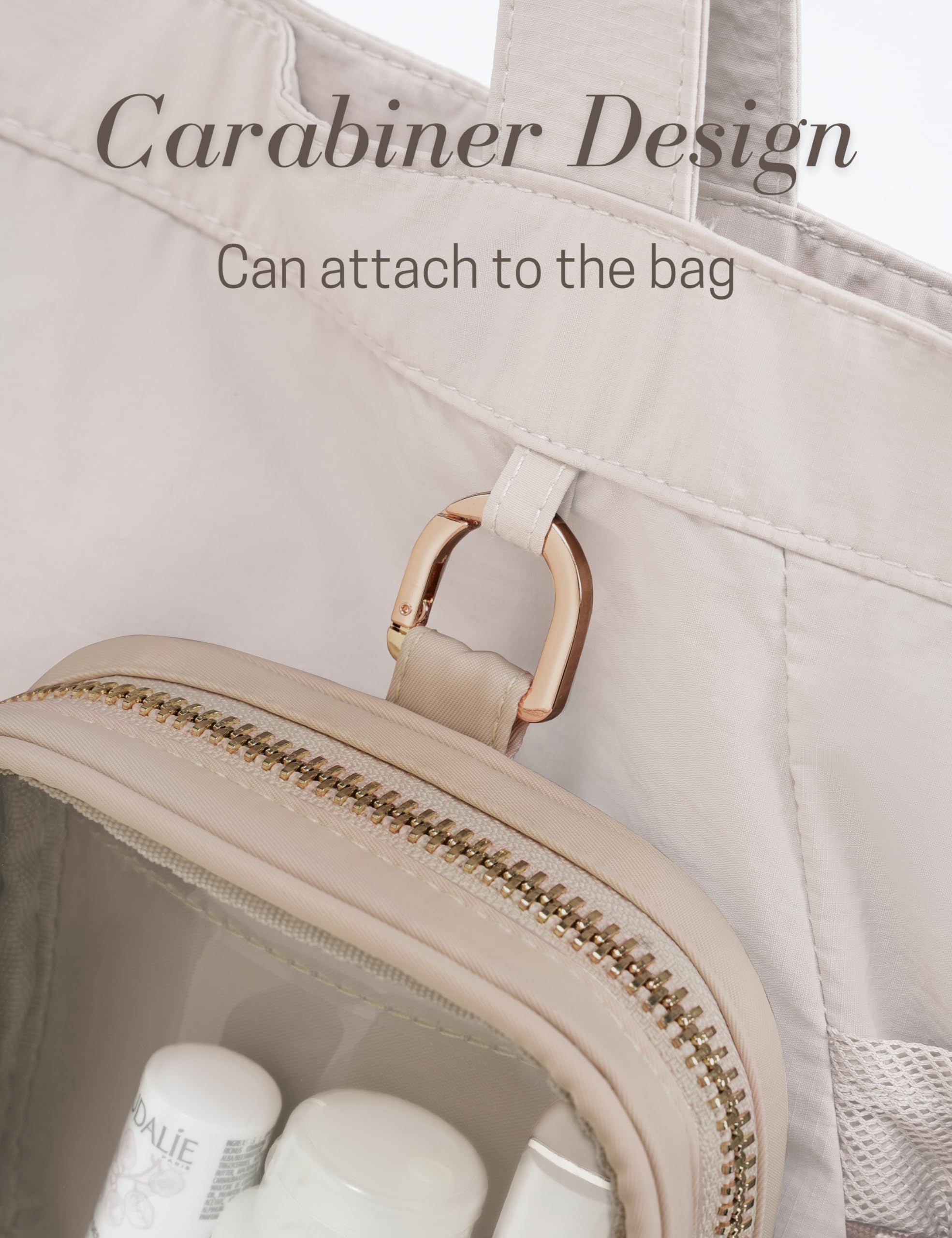 Clear Cosmetic Bag Mini Makeup Pouch - Transparent Travel Toiletry Organizer with Interior Pocket & Carabiner Clip - Small Pink Waterproof Makeup Case for Women (Mini, Sand) | Perfect for Air Travel, Gym Essentials & Daily Beauty Storage