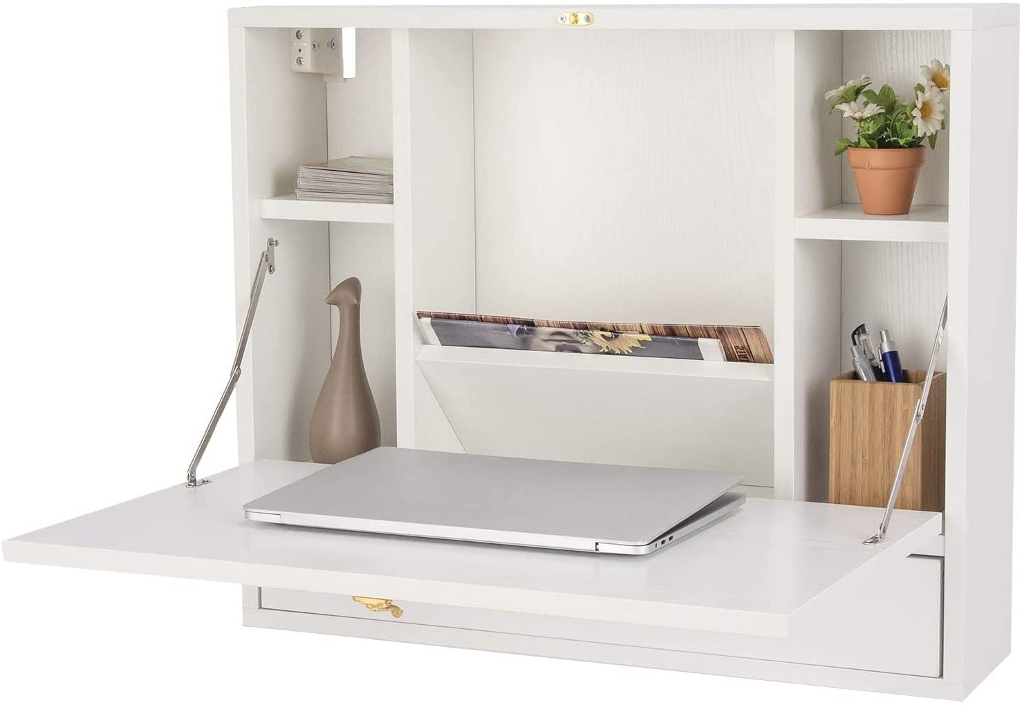 GRAFFY Wall Mounted Folding Desk with Storage Drawer & Shelves - Space Saving Home Office Computer Desk, Multifunctional Hanging Cabinet for Small Spaces - Perfect for Bedroom, Dorm, Studio Apartments (White)
