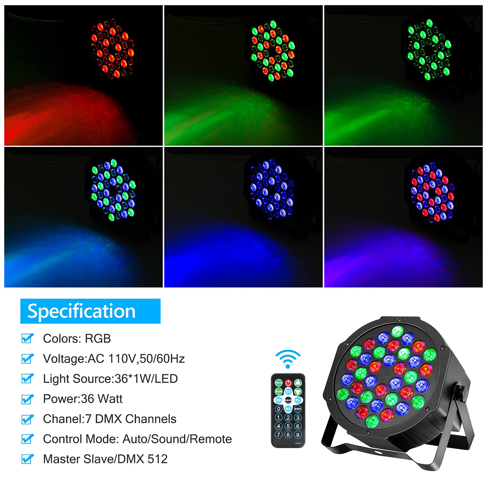 Litake 36 LED Stage Lights - DMX & Remote Controlled DJ Par Lights with Sound Activation | Perfect for Wedding Dance Floors, Live Shows & Party Lighting (6-Pack)