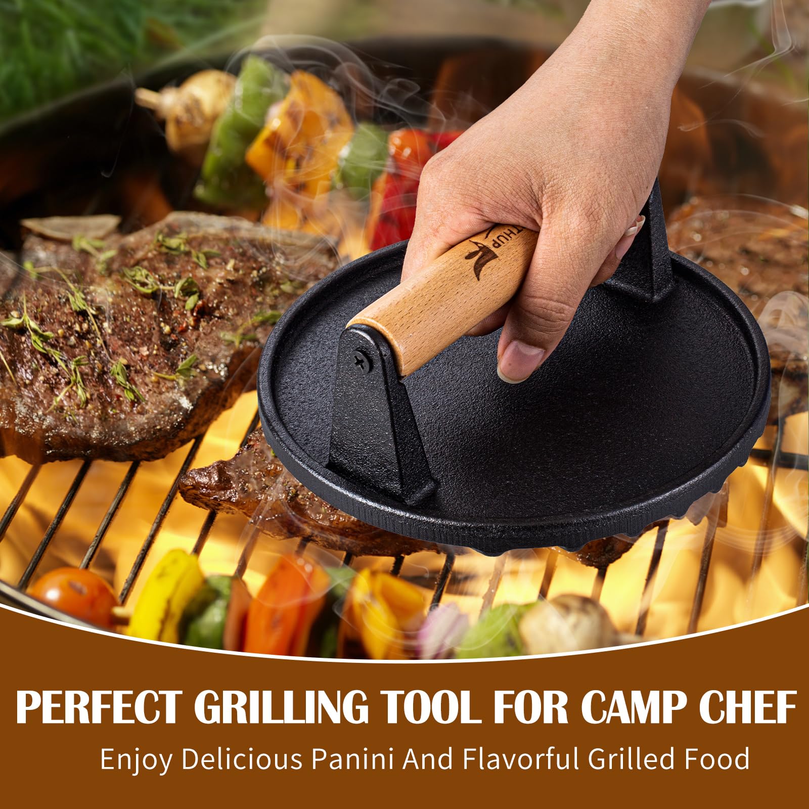 6.88 Inch Cast Iron Smash Burger Press with Wooden Handle - Heavy Duty Bacon Press & Hamburger Patty Maker for Grills & Griddles - Includes 20 Patty Papers - Perfect for Backyard BBQs, Diners & Home Cooking