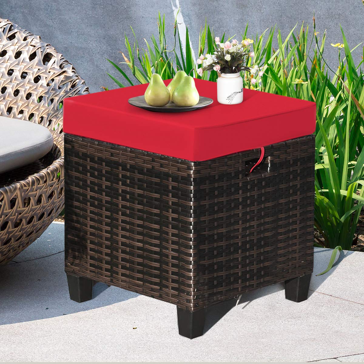 2PCS Rattan Wicker Ottoman Set with Removable Cushions - Patio Footstool & Footrest Seat for Outdoor, Garden, Backyard - Durable Wicker Furniture for Home Decor, Relaxation & Entertaining (Red)
